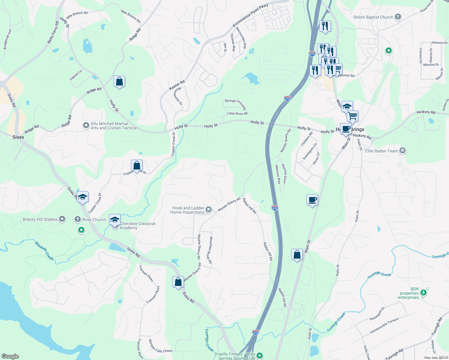 map of restaurants, bars, coffee shops, grocery stores, and more near 508 Crestmont Lane in Canton