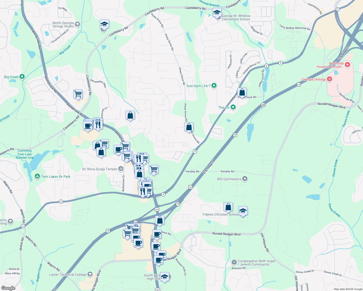 map of restaurants, bars, coffee shops, grocery stores, and more near 1995 Cottage Grove Way in Cumming