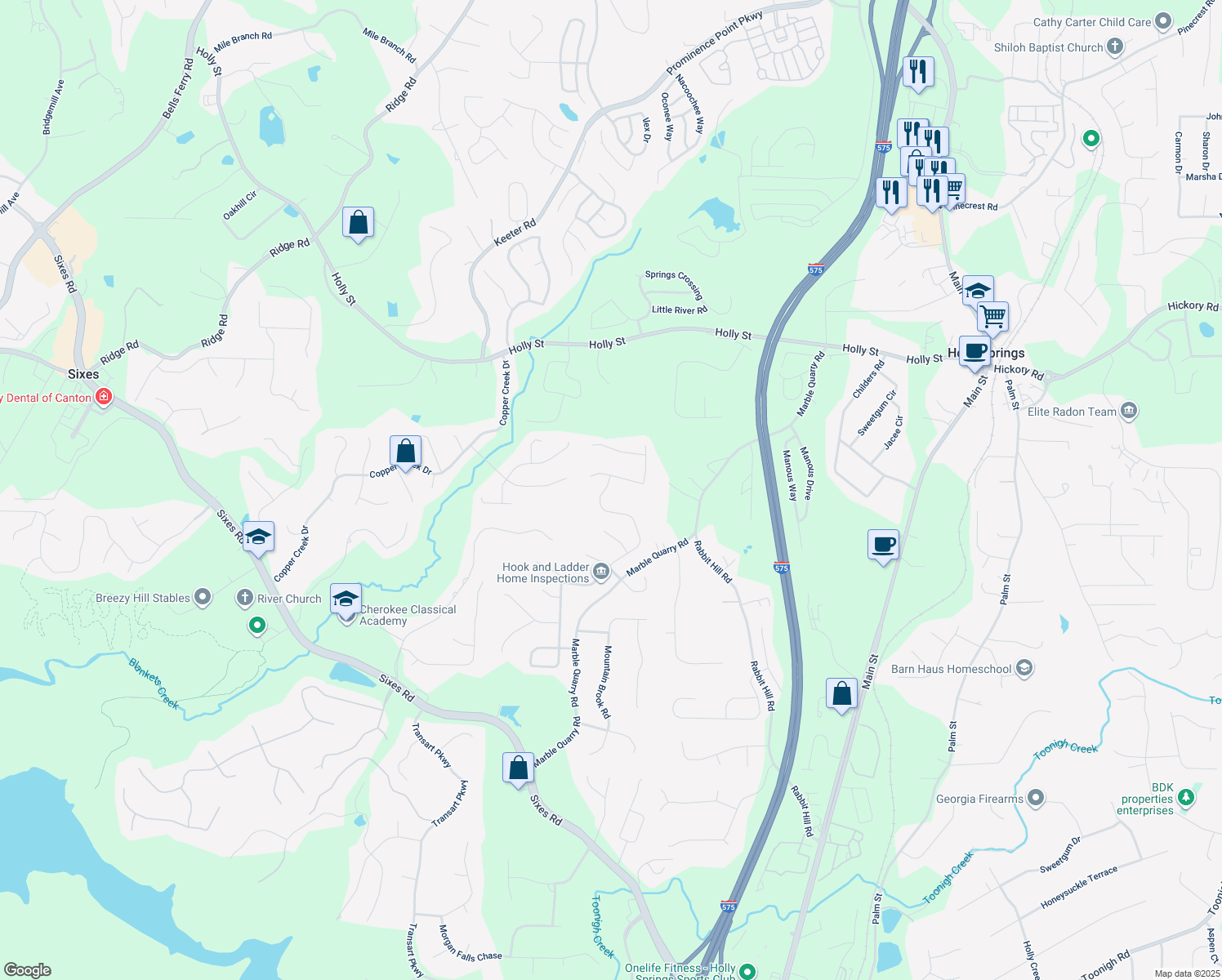 map of restaurants, bars, coffee shops, grocery stores, and more near 492 Crestmont Lane in Canton
