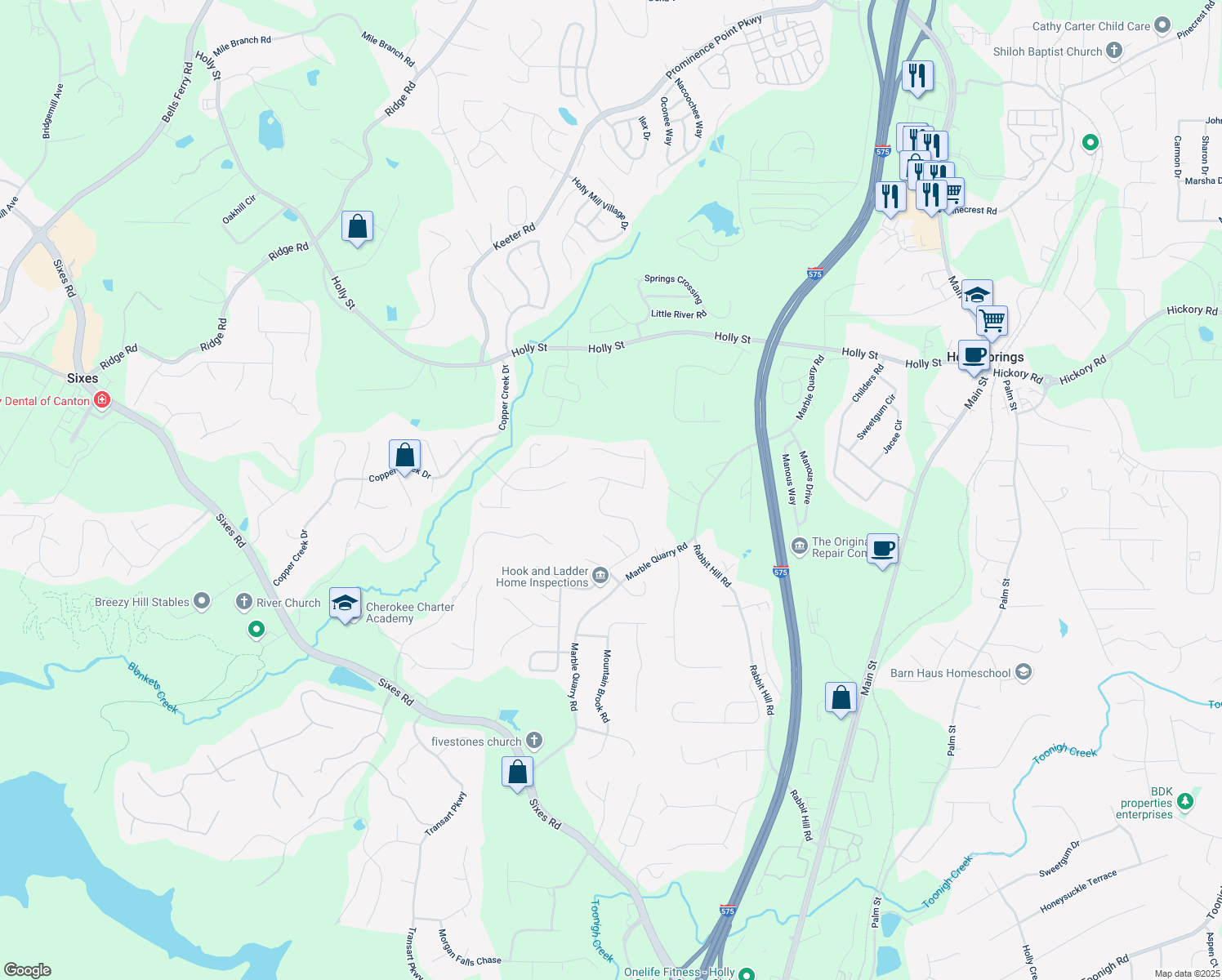 map of restaurants, bars, coffee shops, grocery stores, and more near 486 Crestmont Lane in Canton
