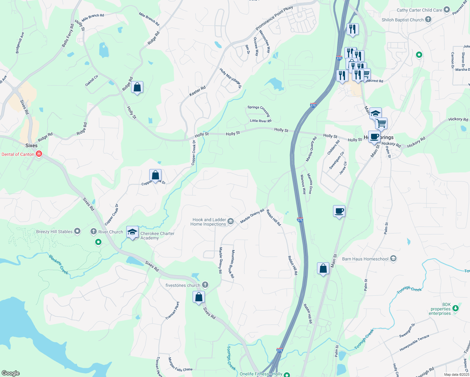 map of restaurants, bars, coffee shops, grocery stores, and more near 486 Crestmont Lane in Canton