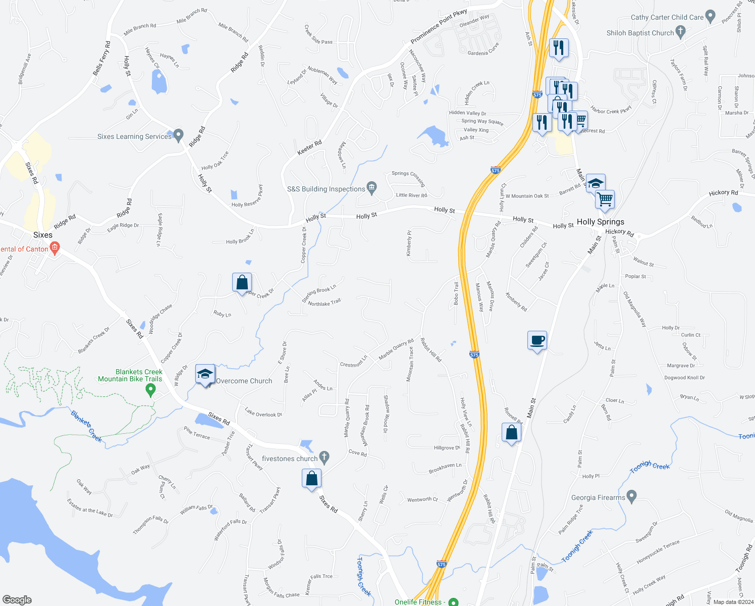 map of restaurants, bars, coffee shops, grocery stores, and more near 496 Crestmont Lane in Canton