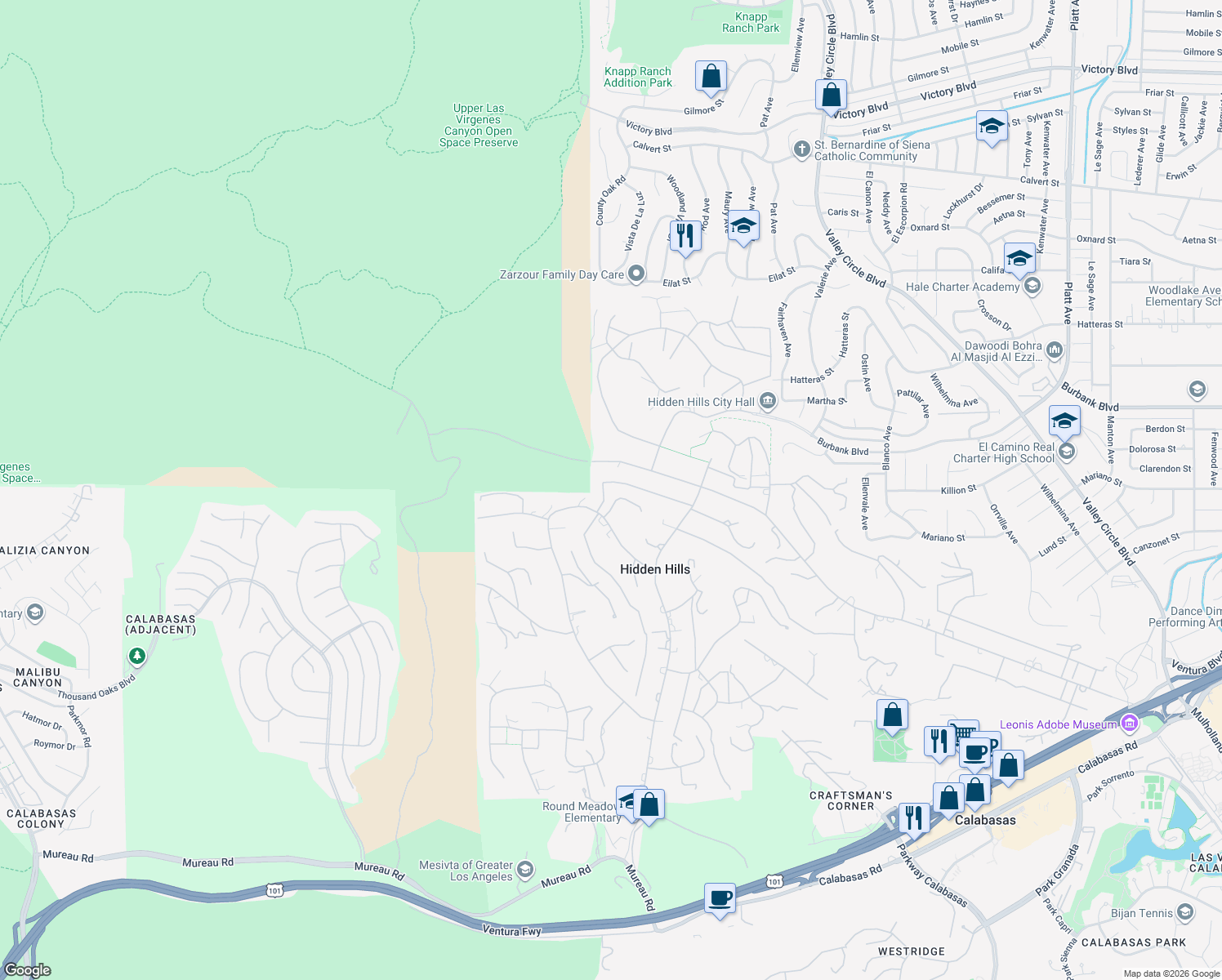 map of restaurants, bars, coffee shops, grocery stores, and more near 5841 Fitzpatrick Road in Hidden Hills