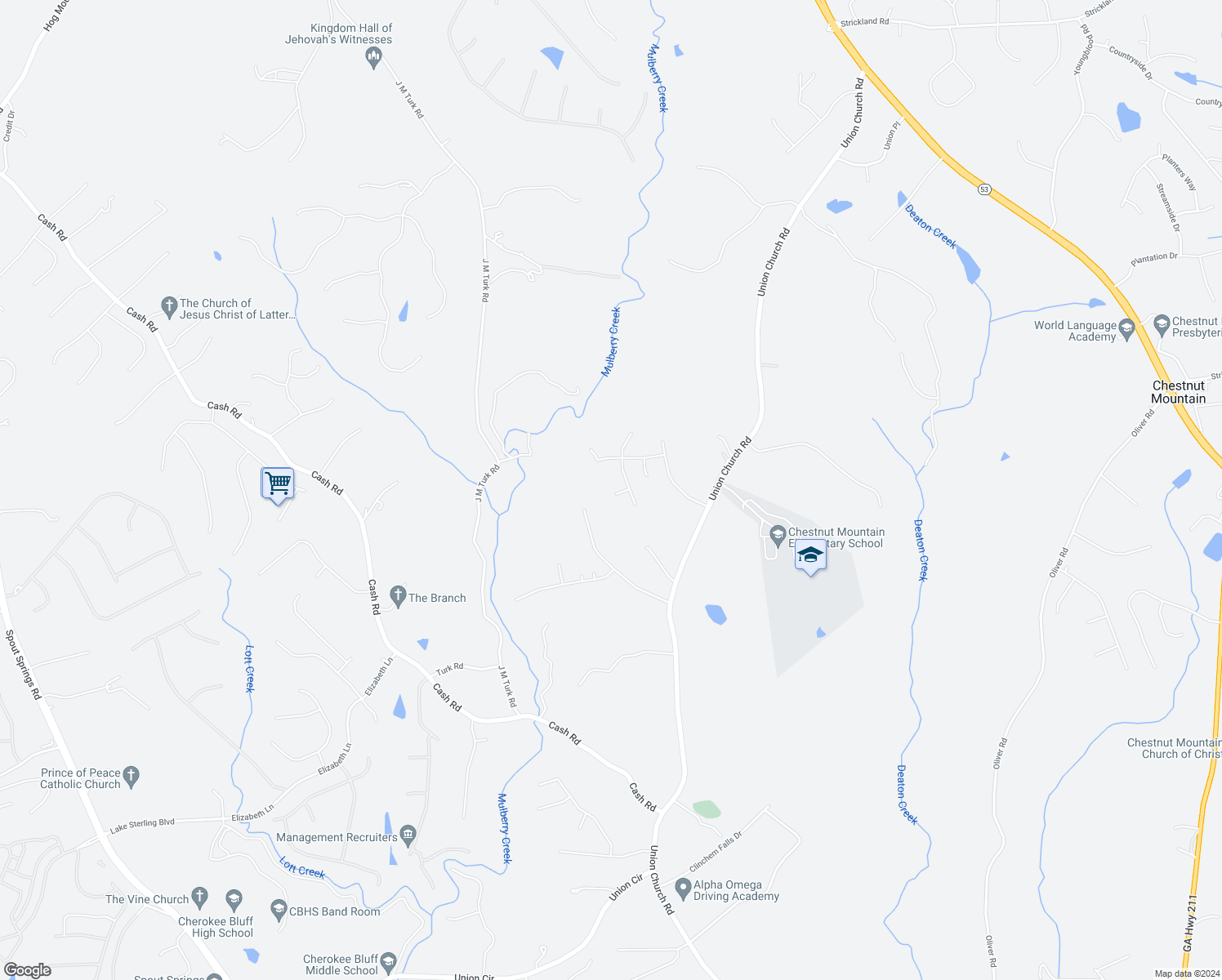 map of restaurants, bars, coffee shops, grocery stores, and more near 6022 Rose Court in Flowery Branch