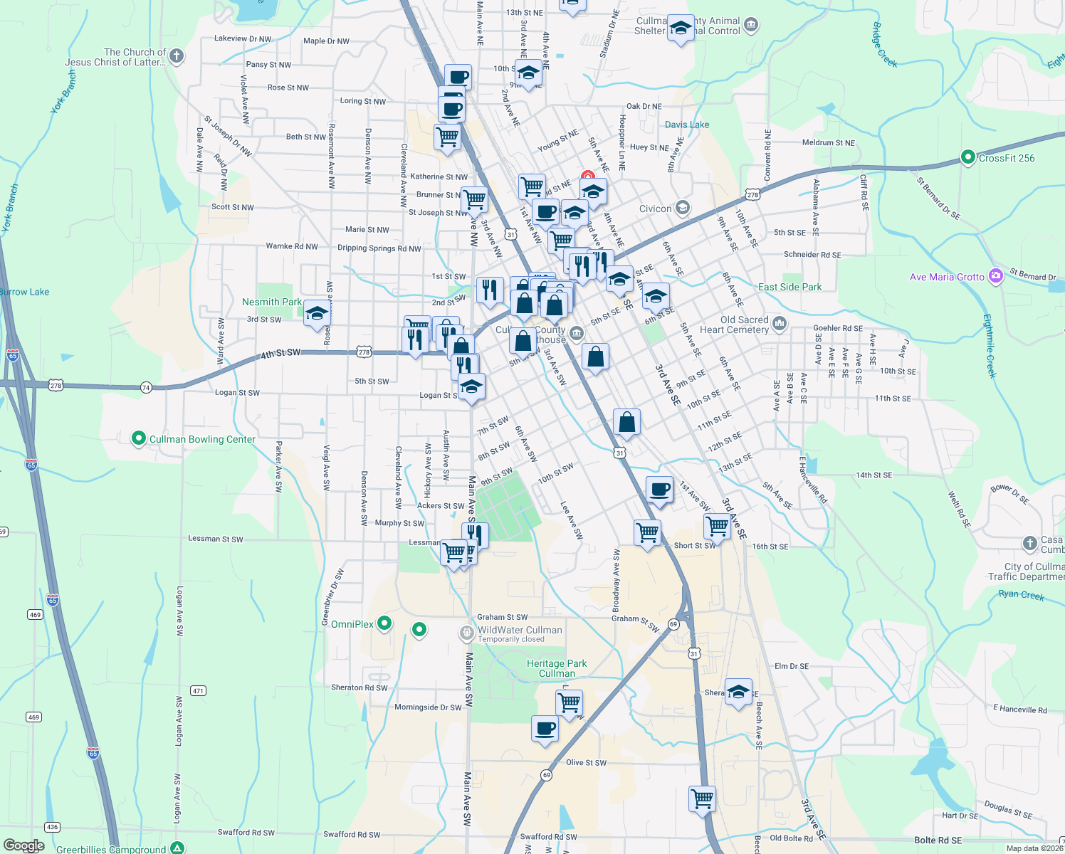 map of restaurants, bars, coffee shops, grocery stores, and more near 711 5th Ave SW in Cullman