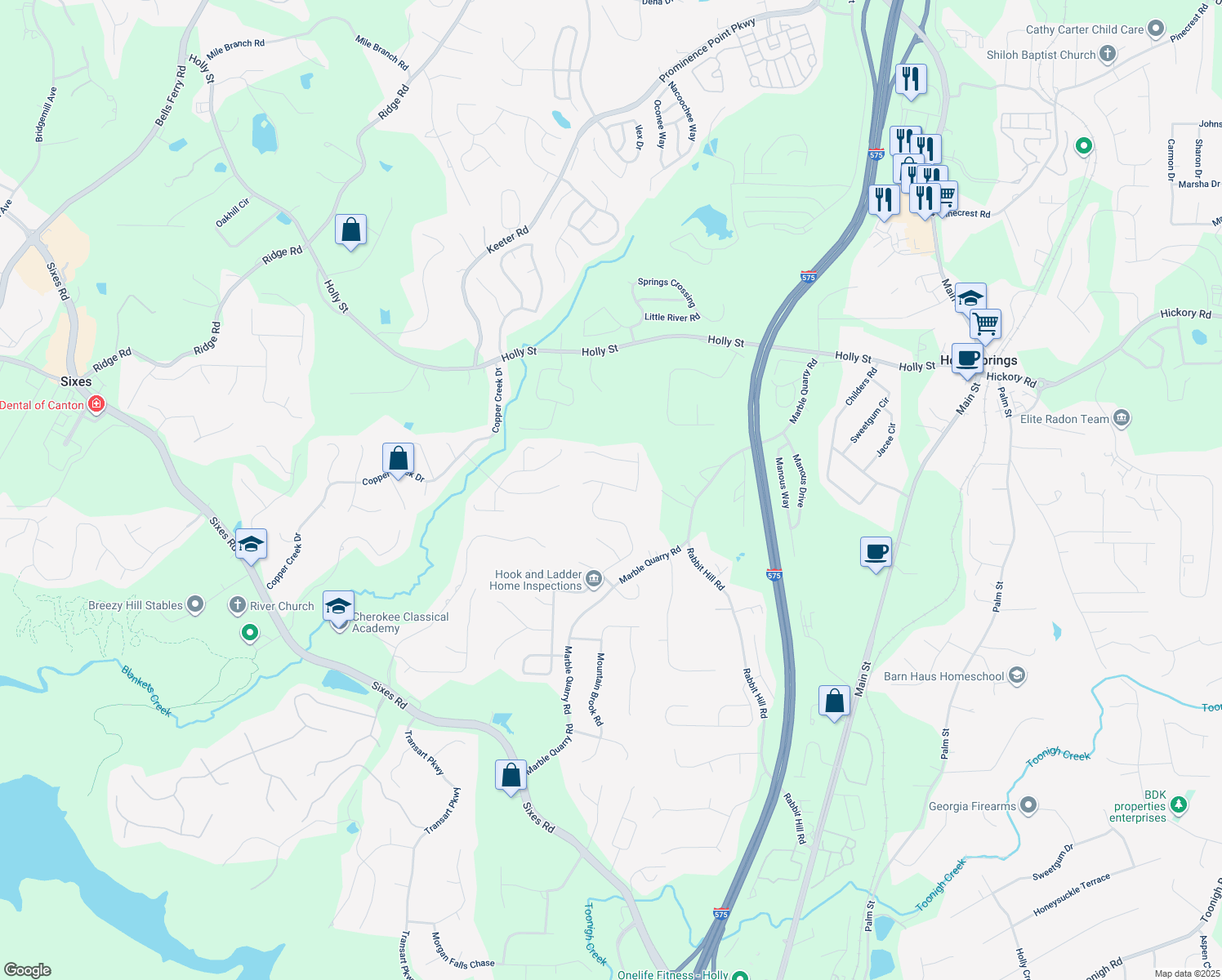 map of restaurants, bars, coffee shops, grocery stores, and more near 492 Crestmont Lane in Canton