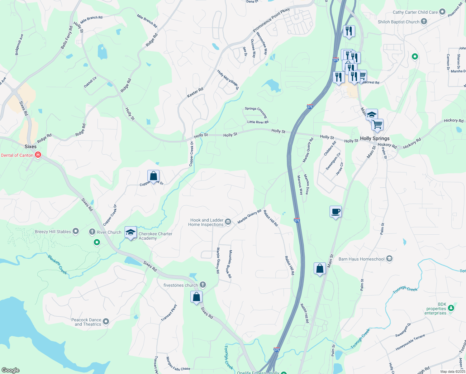 map of restaurants, bars, coffee shops, grocery stores, and more near 490 Crestmont Lane in Canton
