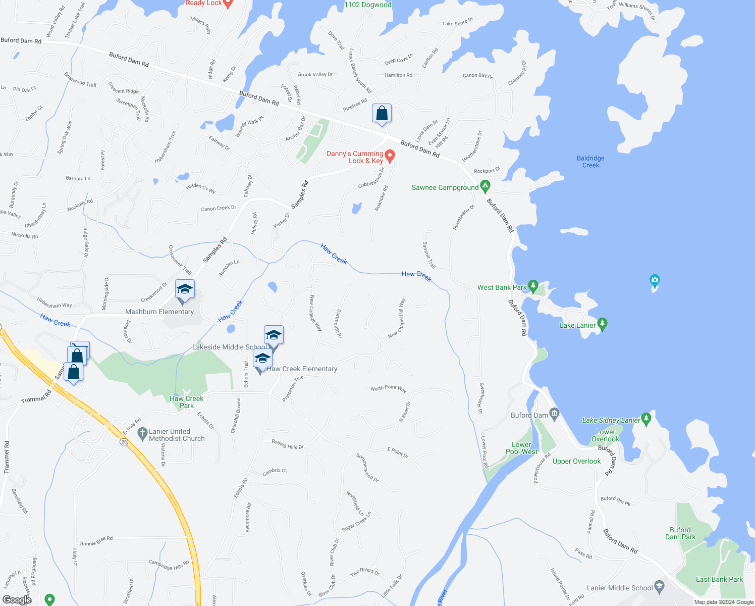 map of restaurants, bars, coffee shops, grocery stores, and more near 5050 Princeton Trce in Cumming
