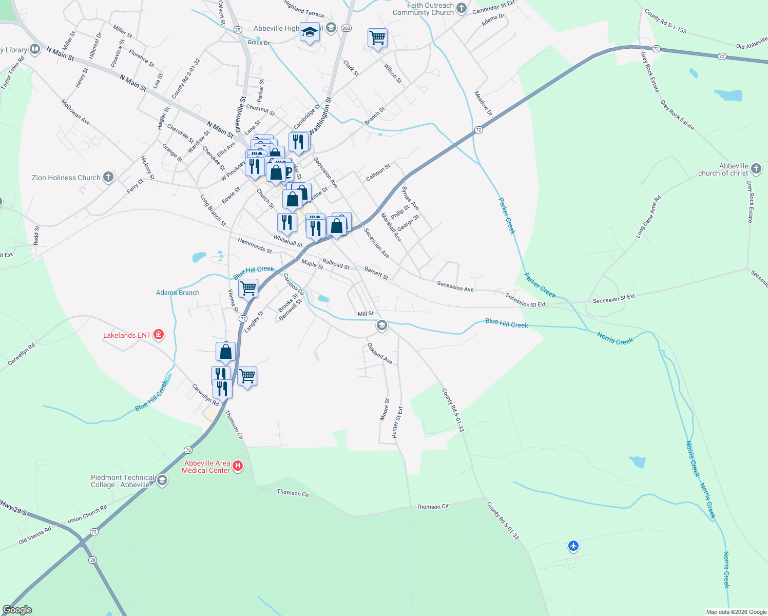 map of restaurants, bars, coffee shops, grocery stores, and more near 101 Perry Street in Abbeville