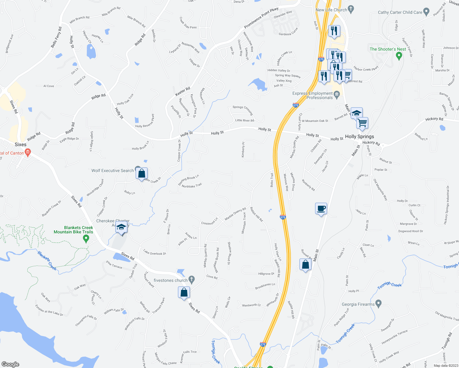 map of restaurants, bars, coffee shops, grocery stores, and more near 507 Crestmont Lane in Canton
