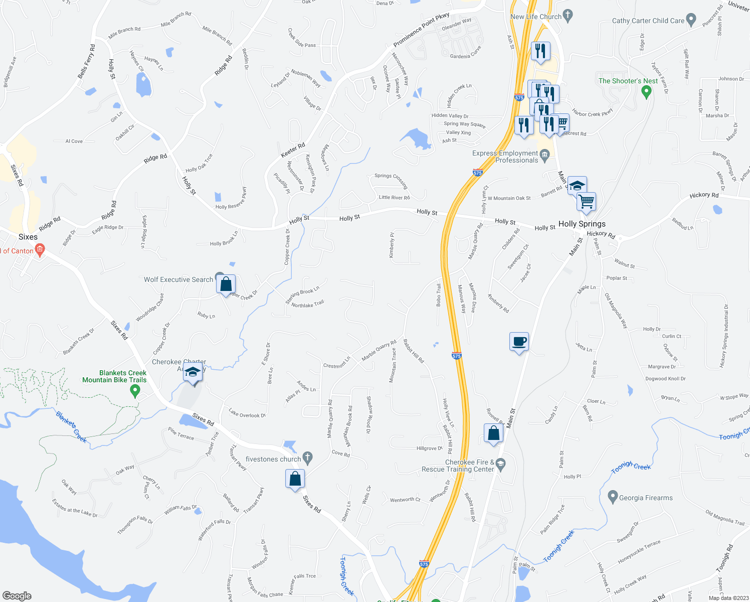 map of restaurants, bars, coffee shops, grocery stores, and more near 516 Crestmont Lane in Canton