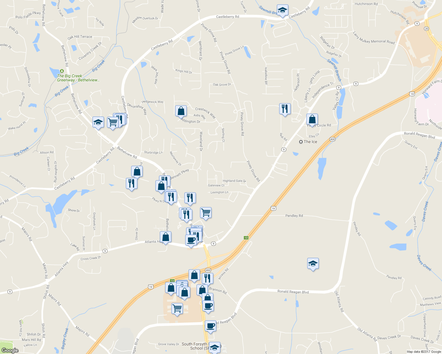 map of restaurants, bars, coffee shops, grocery stores, and more near 2545 Gatewater Court in Cumming