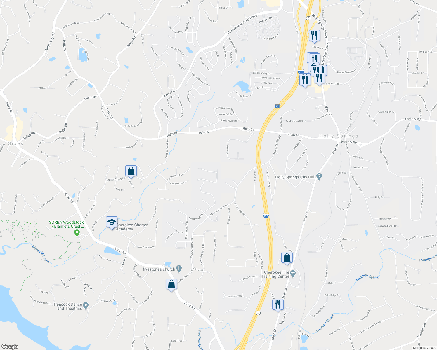 map of restaurants, bars, coffee shops, grocery stores, and more near 526 Crestmont Lane in Canton