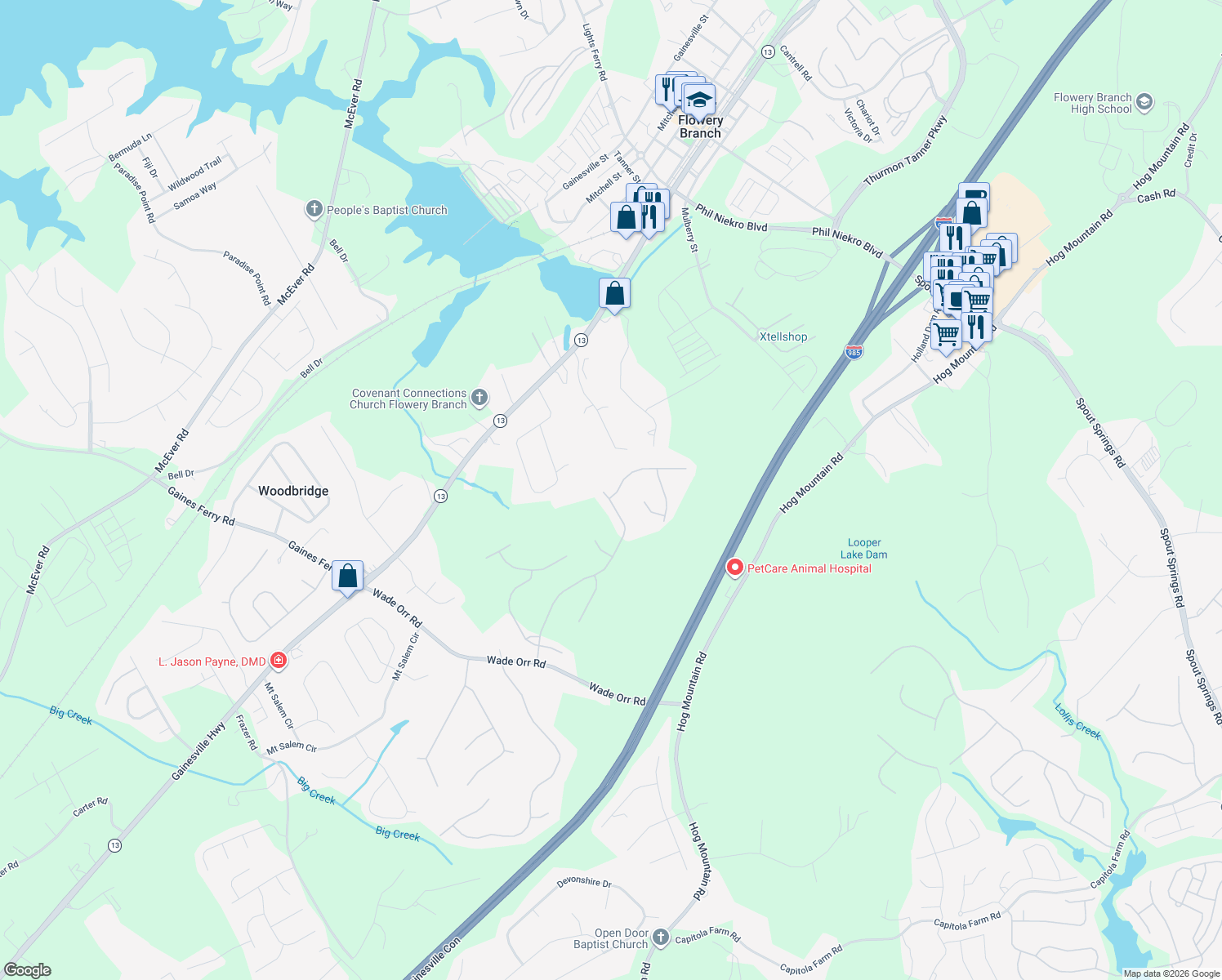 map of restaurants, bars, coffee shops, grocery stores, and more near 6412 Compass Dr in Flowery Branch