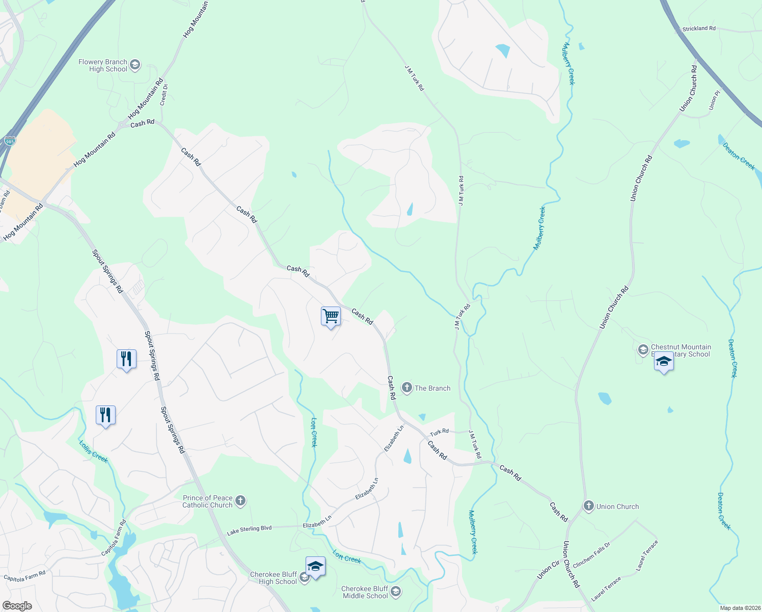 map of restaurants, bars, coffee shops, grocery stores, and more near 4932 Sunny Ridge Court in Flowery Branch
