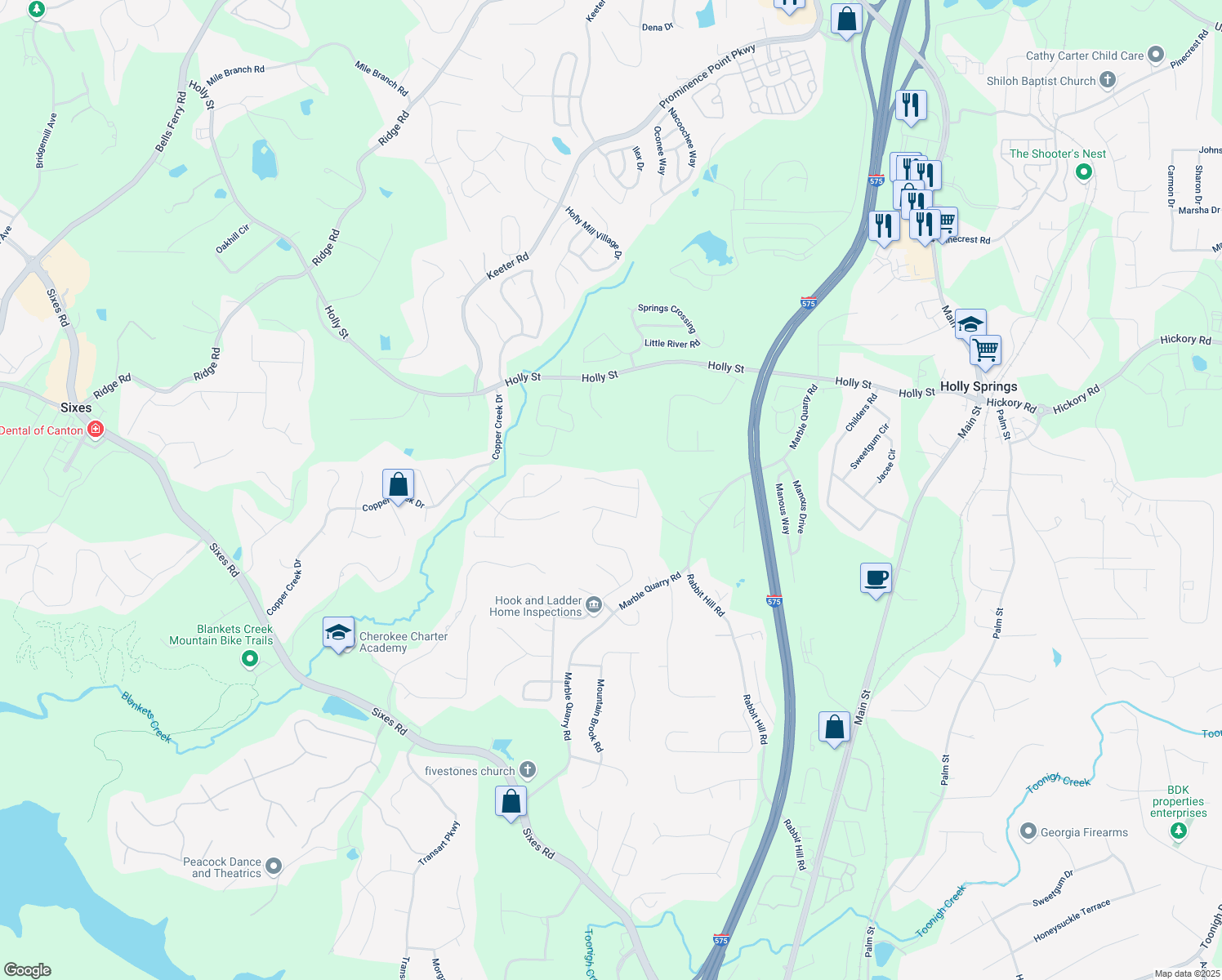 map of restaurants, bars, coffee shops, grocery stores, and more near 531 Crestmont Lane in Canton