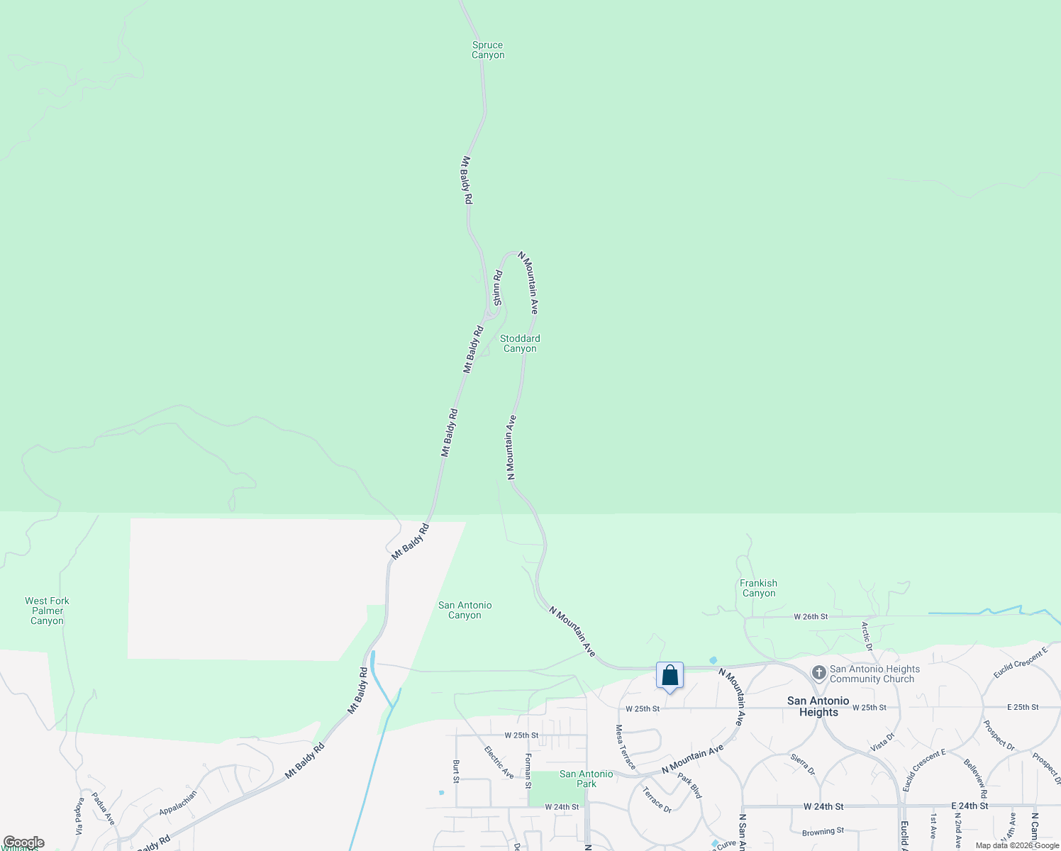 map of restaurants, bars, coffee shops, grocery stores, and more near 2800 North Mountain Avenue in Upland