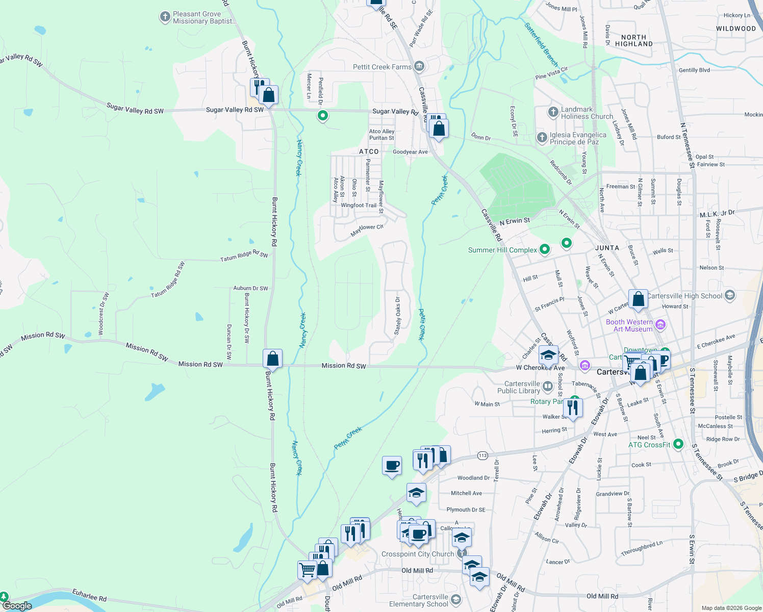 map of restaurants, bars, coffee shops, grocery stores, and more near 20 Twelve Oaks Drive Southeast in Cartersville