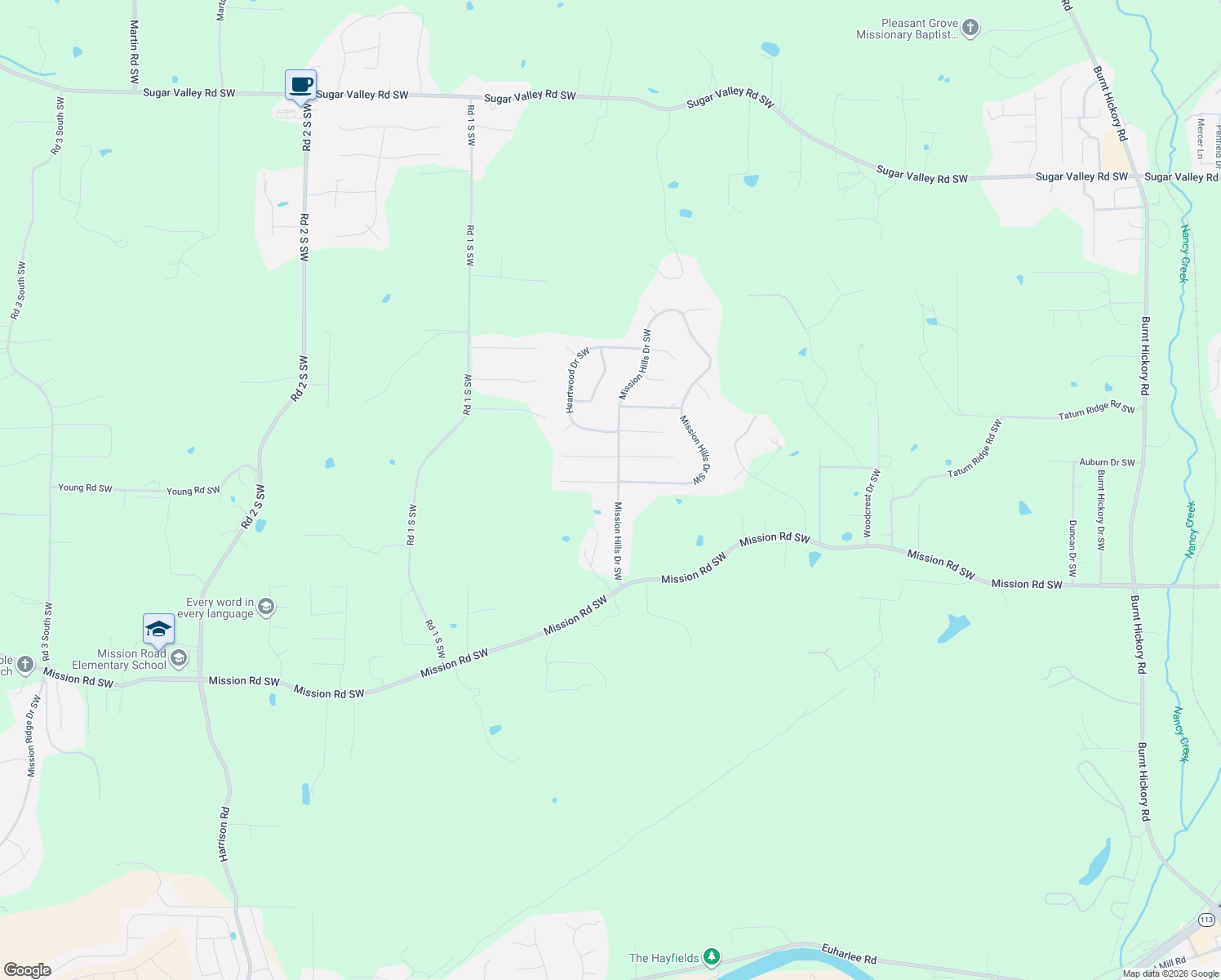 map of restaurants, bars, coffee shops, grocery stores, and more near 27 Mission Hills Drive Southwest in Cartersville