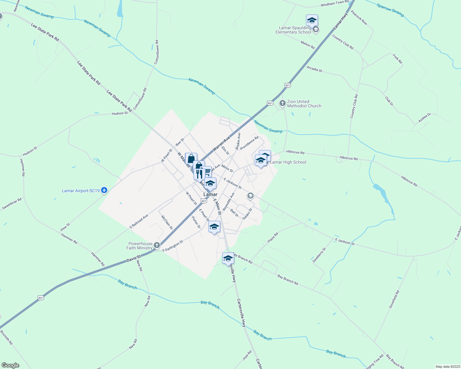 map of restaurants, bars, coffee shops, grocery stores, and more near 114 North Darlington Avenue in Lamar
