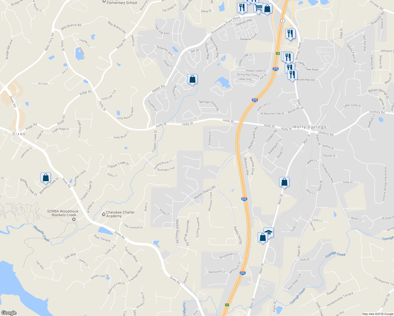 map of restaurants, bars, coffee shops, grocery stores, and more near 536 Crestmont Lane in Canton