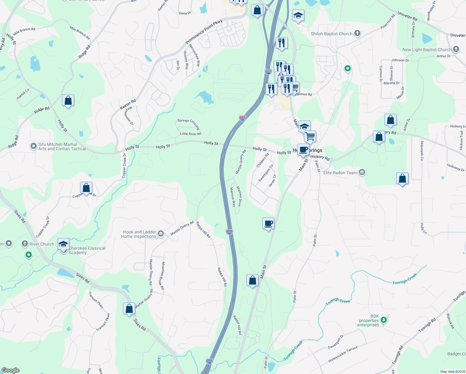 map of restaurants, bars, coffee shops, grocery stores, and more near 205 Manous Way in Canton