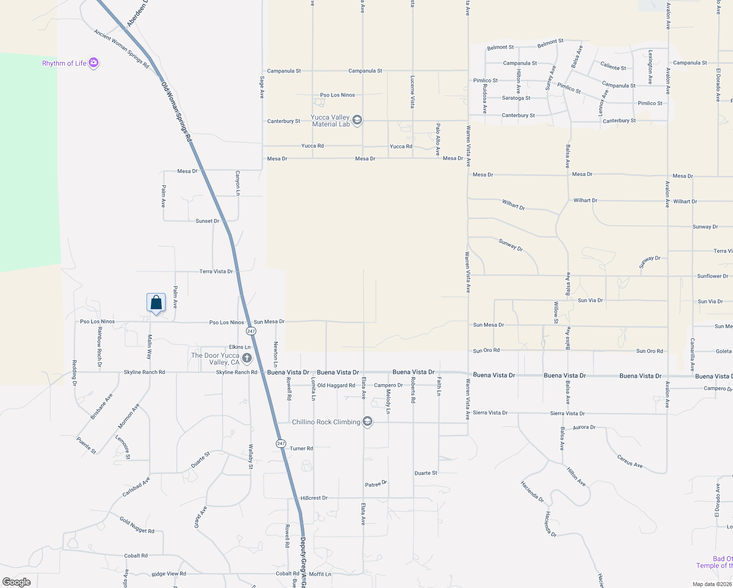 map of restaurants, bars, coffee shops, grocery stores, and more near Elata Avenue in Yucca Valley