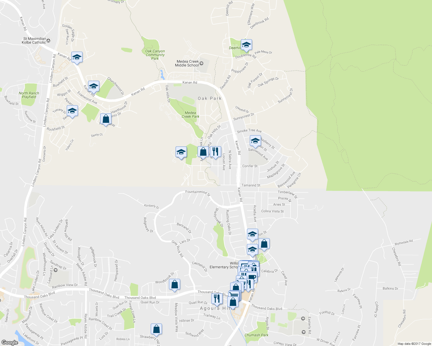 map of restaurants, bars, coffee shops, grocery stores, and more near 61 Smoke Tree Avenue in Oak Park