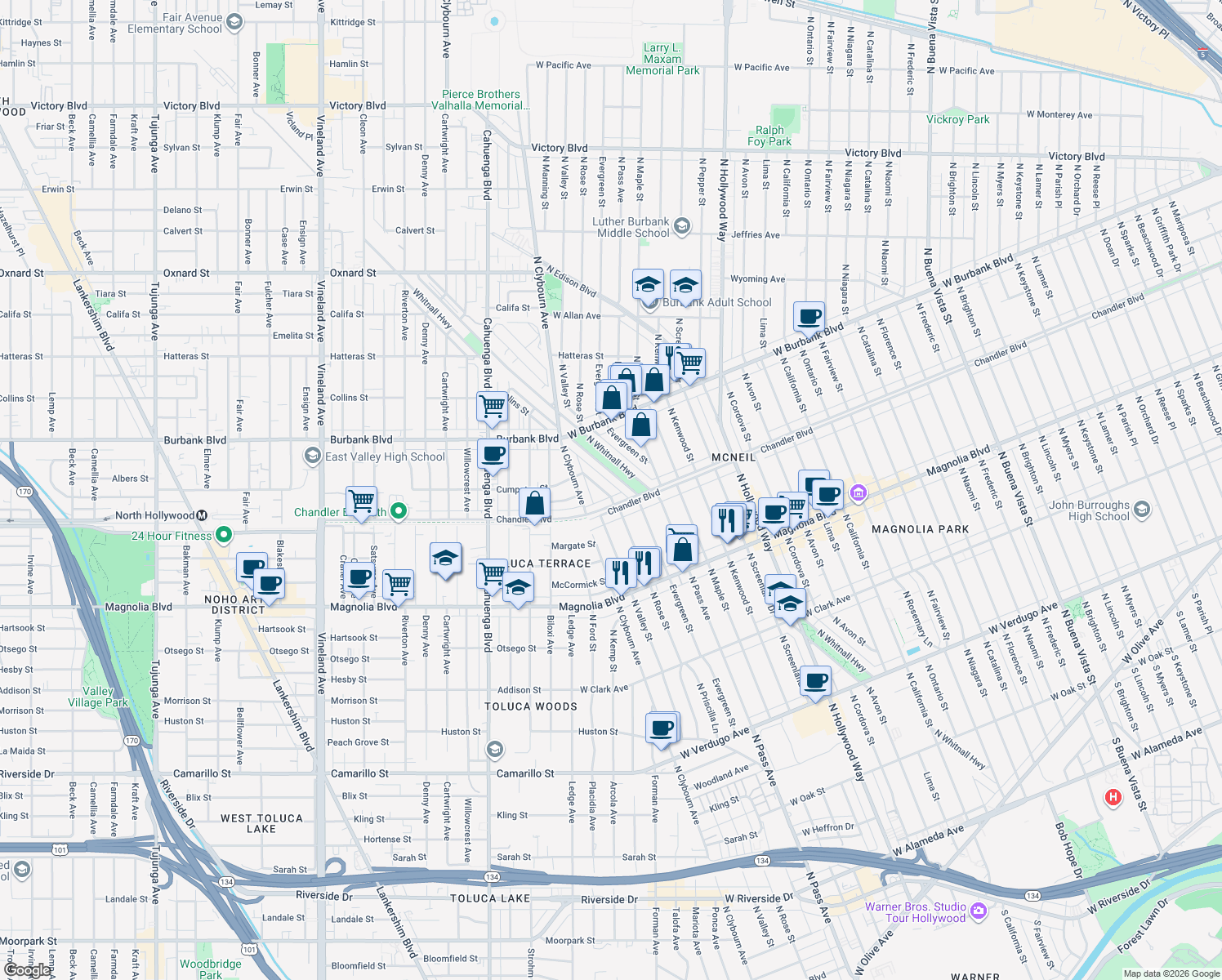 map of restaurants, bars, coffee shops, grocery stores, and more near 1216 North Valley Street in Burbank