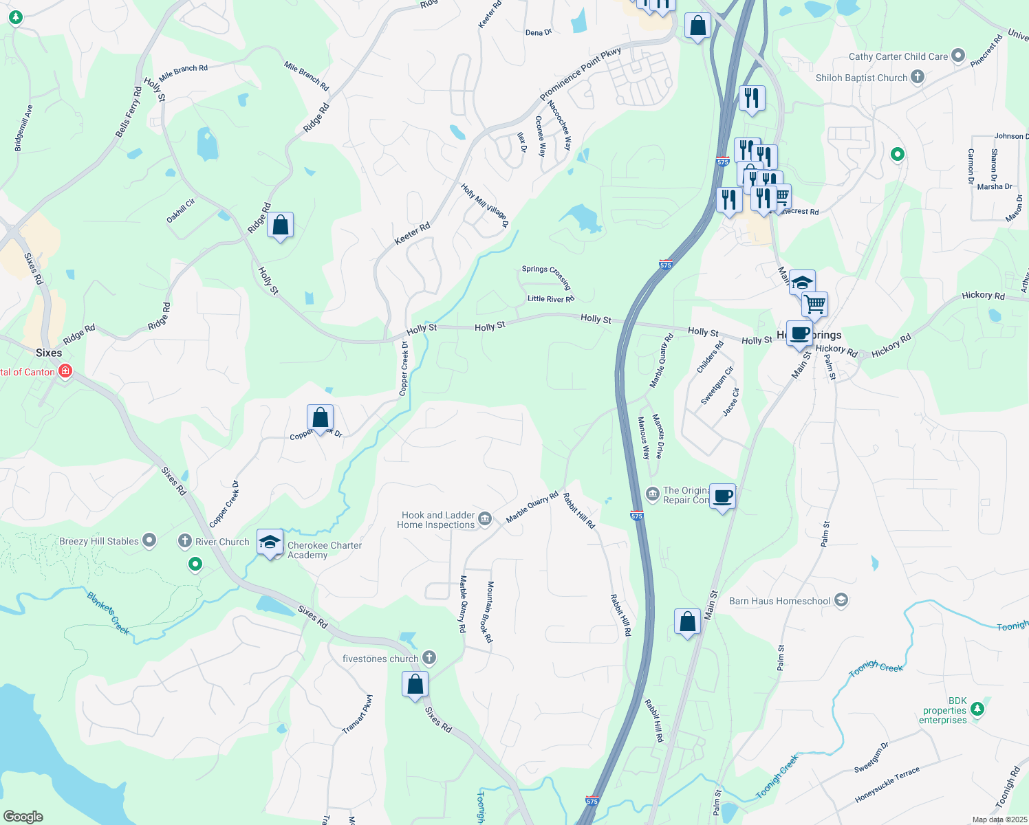 map of restaurants, bars, coffee shops, grocery stores, and more near 431 Crestmont Lane in Canton