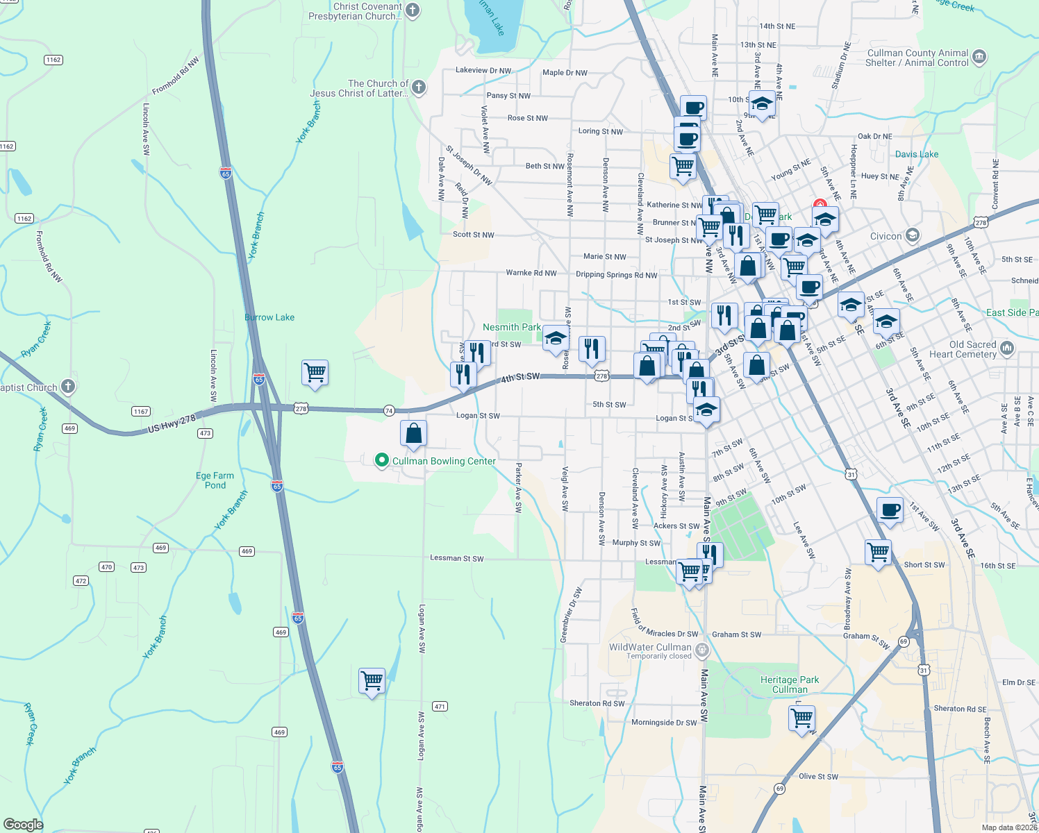 map of restaurants, bars, coffee shops, grocery stores, and more near 1524 Logan St SW in Cullman