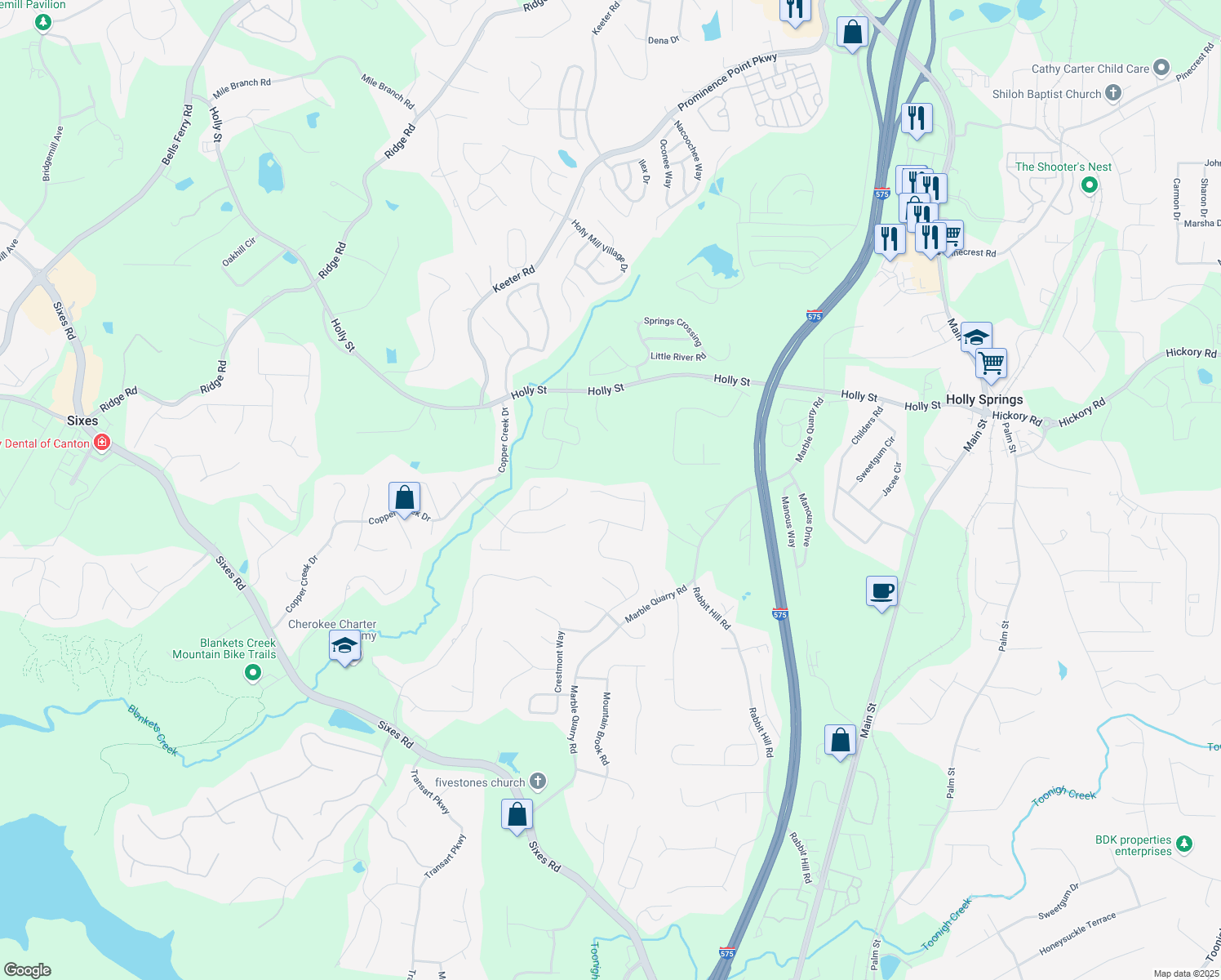 map of restaurants, bars, coffee shops, grocery stores, and more near 552 Crestmont Lane in Canton