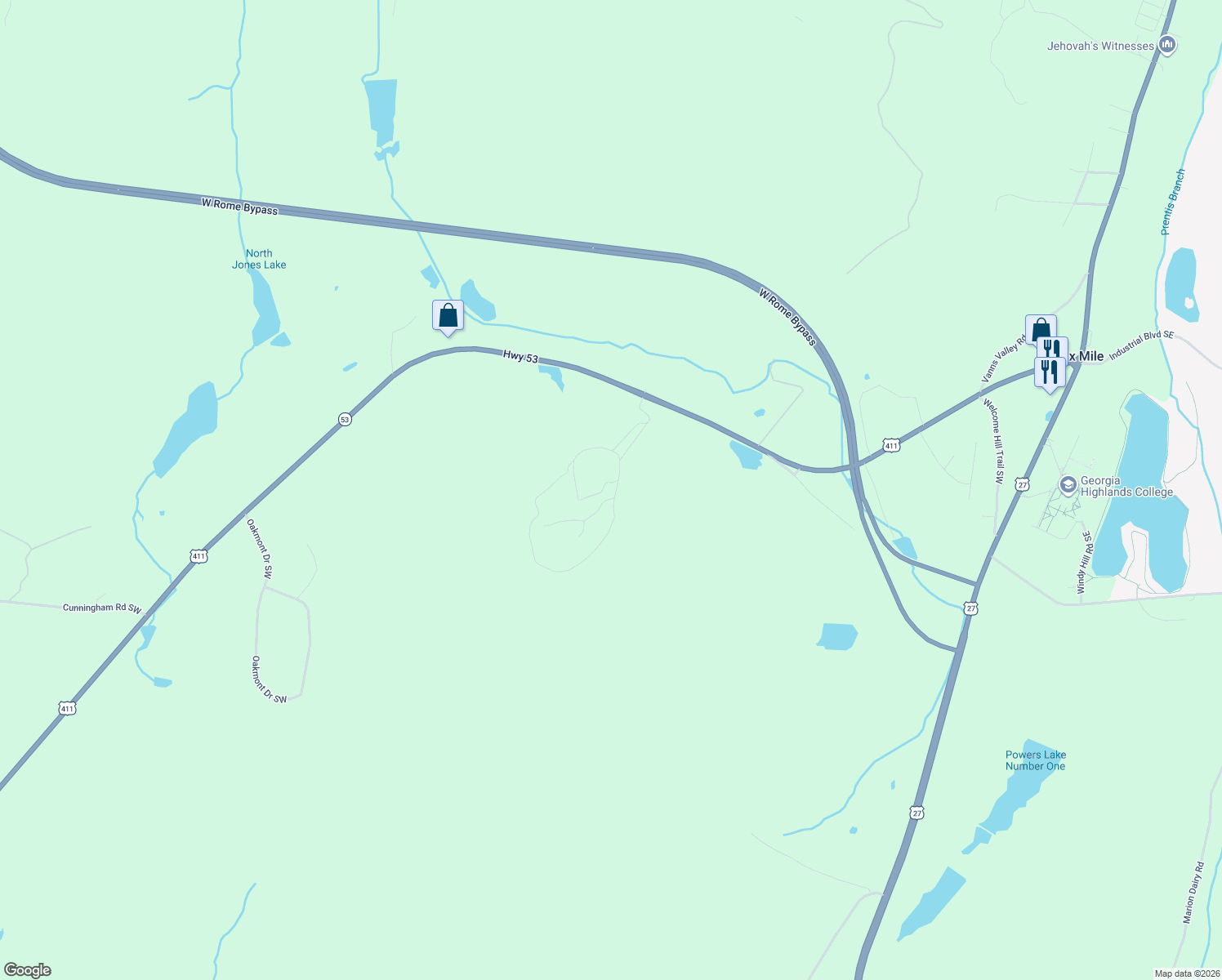map of restaurants, bars, coffee shops, grocery stores, and more near 3741 Cave Spring Road Southwest in Rome