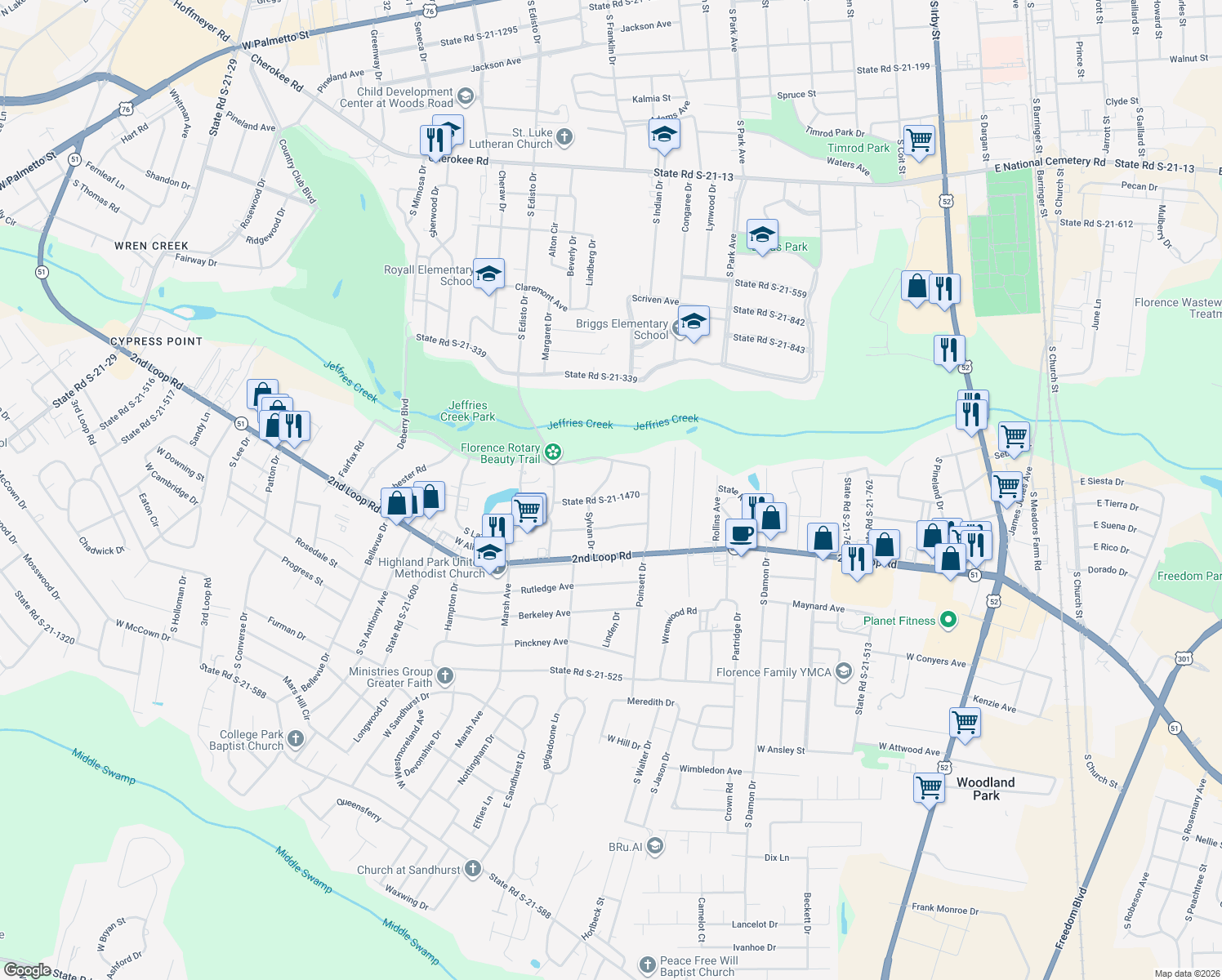 map of restaurants, bars, coffee shops, grocery stores, and more near 1125 State Road S-21-1470 in Florence