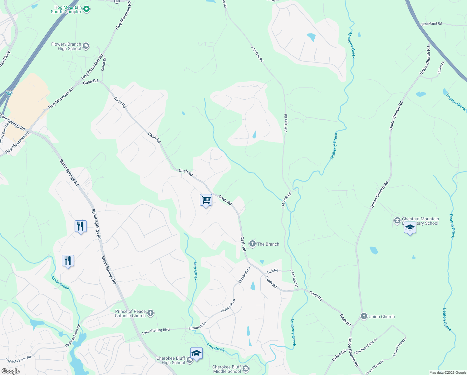 map of restaurants, bars, coffee shops, grocery stores, and more near 4932 Sunny Ridge Court in Flowery Branch