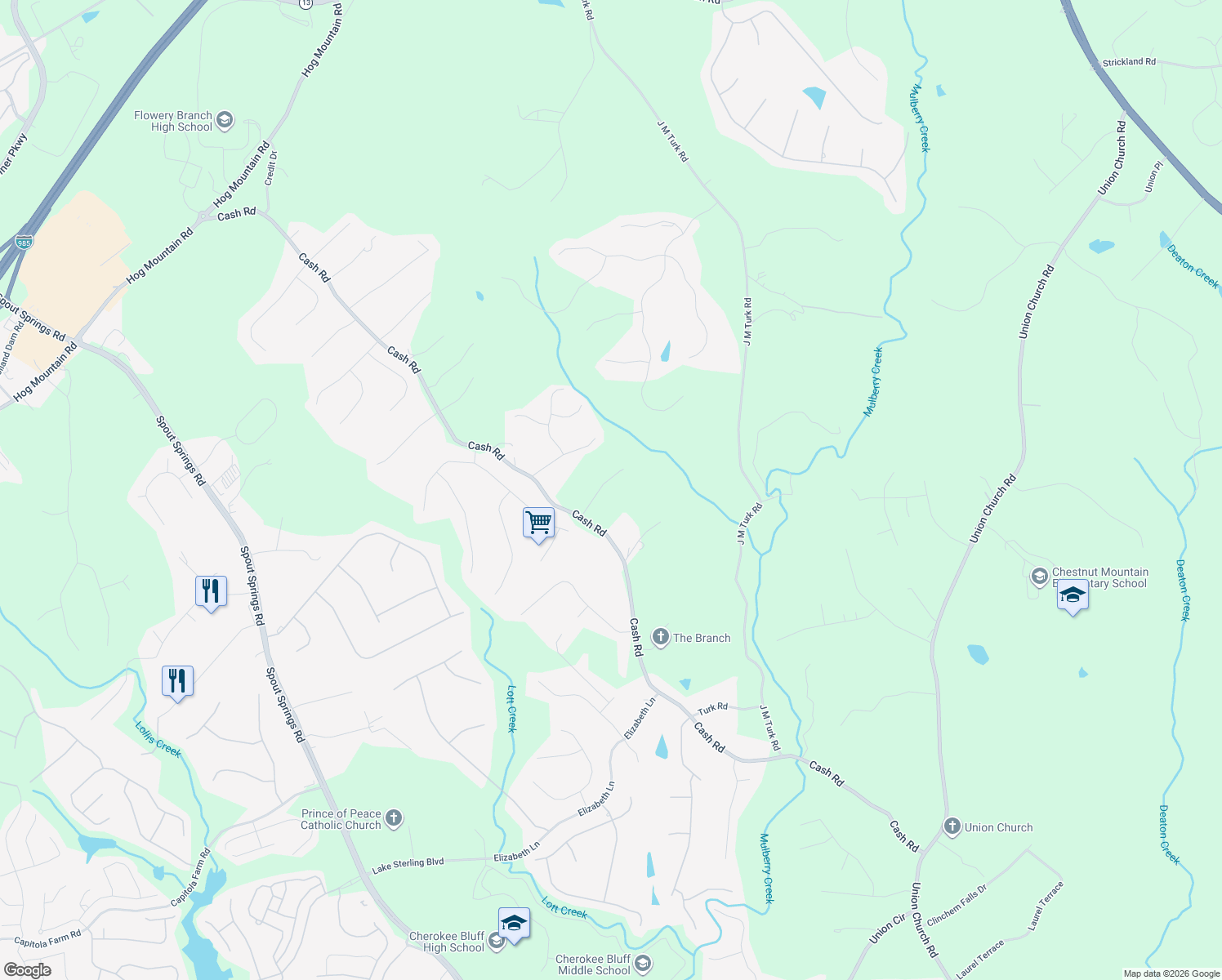 map of restaurants, bars, coffee shops, grocery stores, and more near 4932 Sunny Ridge Court in Flowery Branch