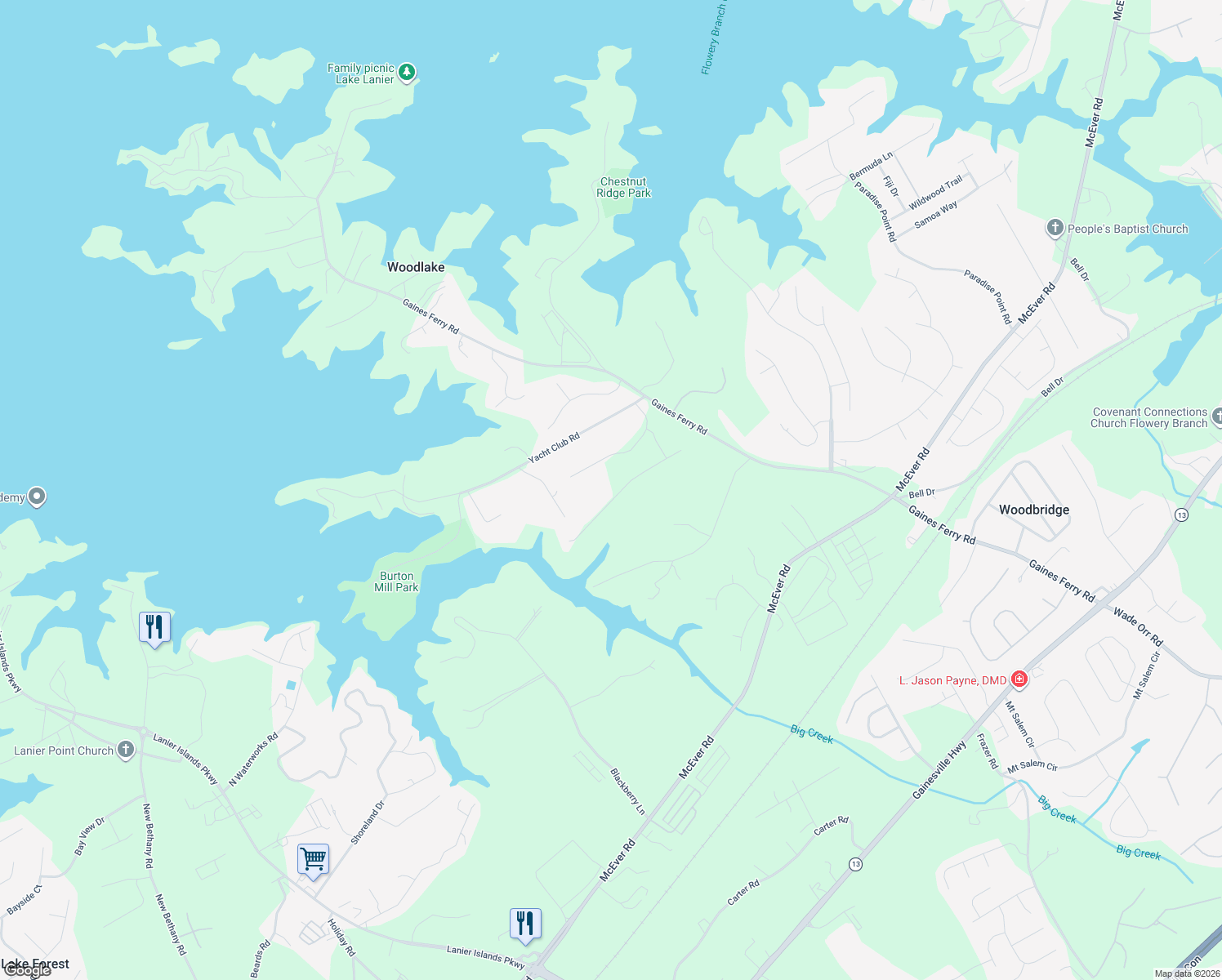 map of restaurants, bars, coffee shops, grocery stores, and more near 6544 Misty Harbor Court in Flowery Branch