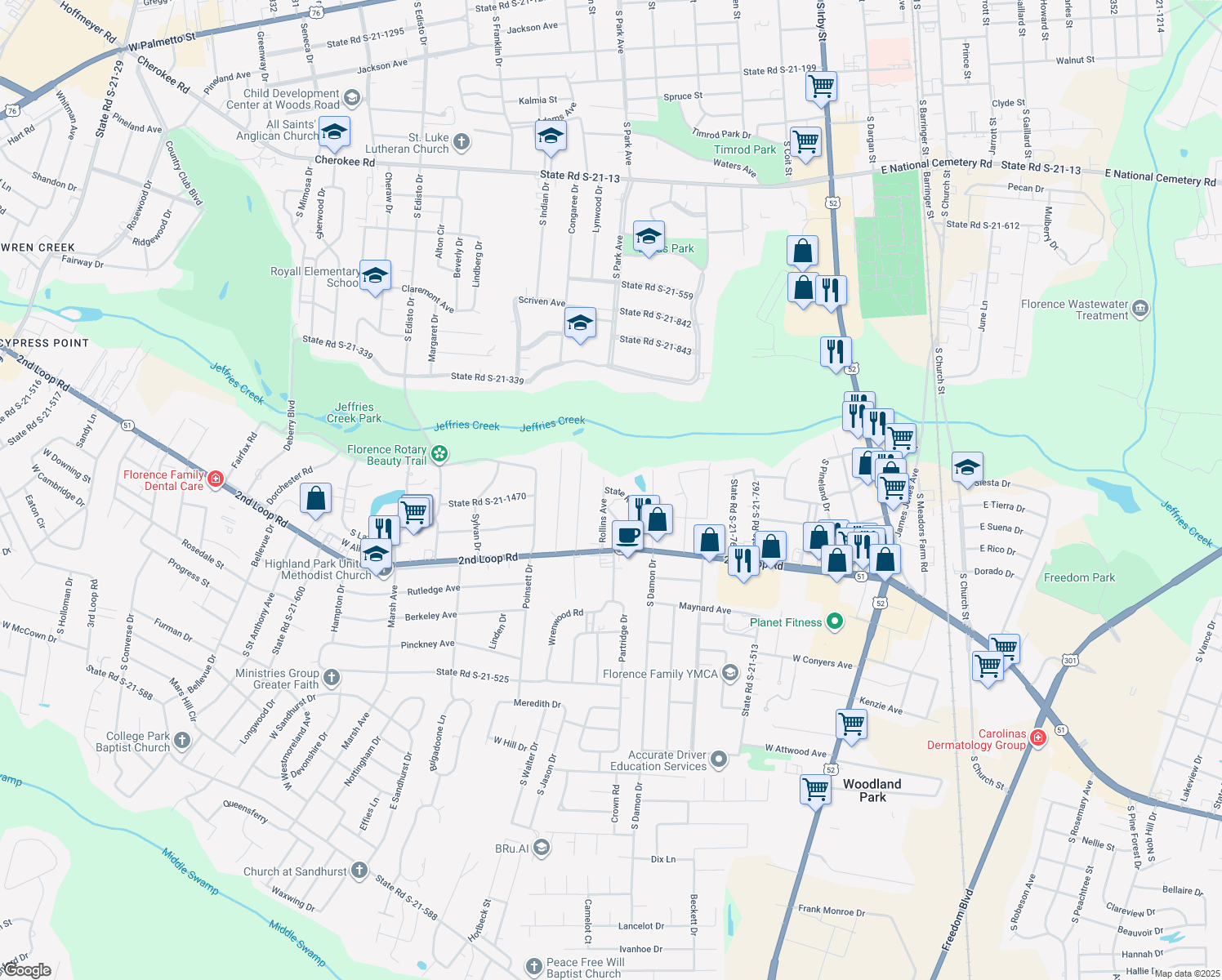 map of restaurants, bars, coffee shops, grocery stores, and more near 805 State Road S-21-677 in Florence