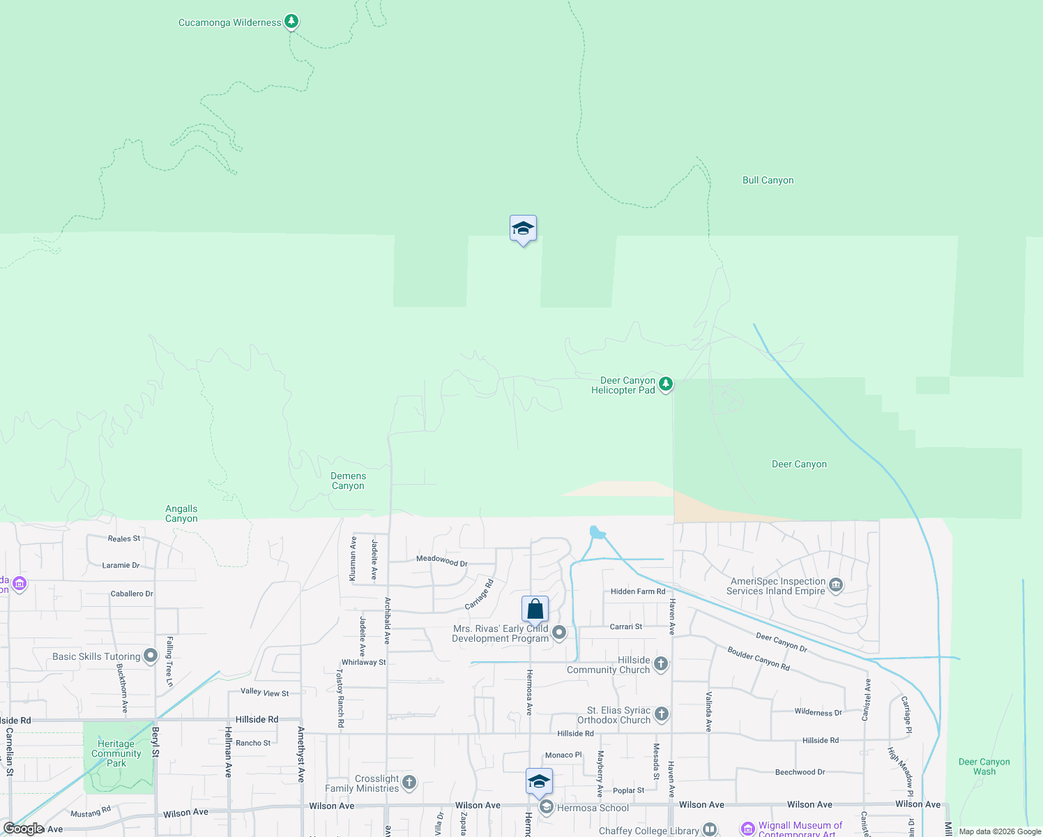 map of restaurants, bars, coffee shops, grocery stores, and more near 10049 Snowdrop Road in San Bernardino County