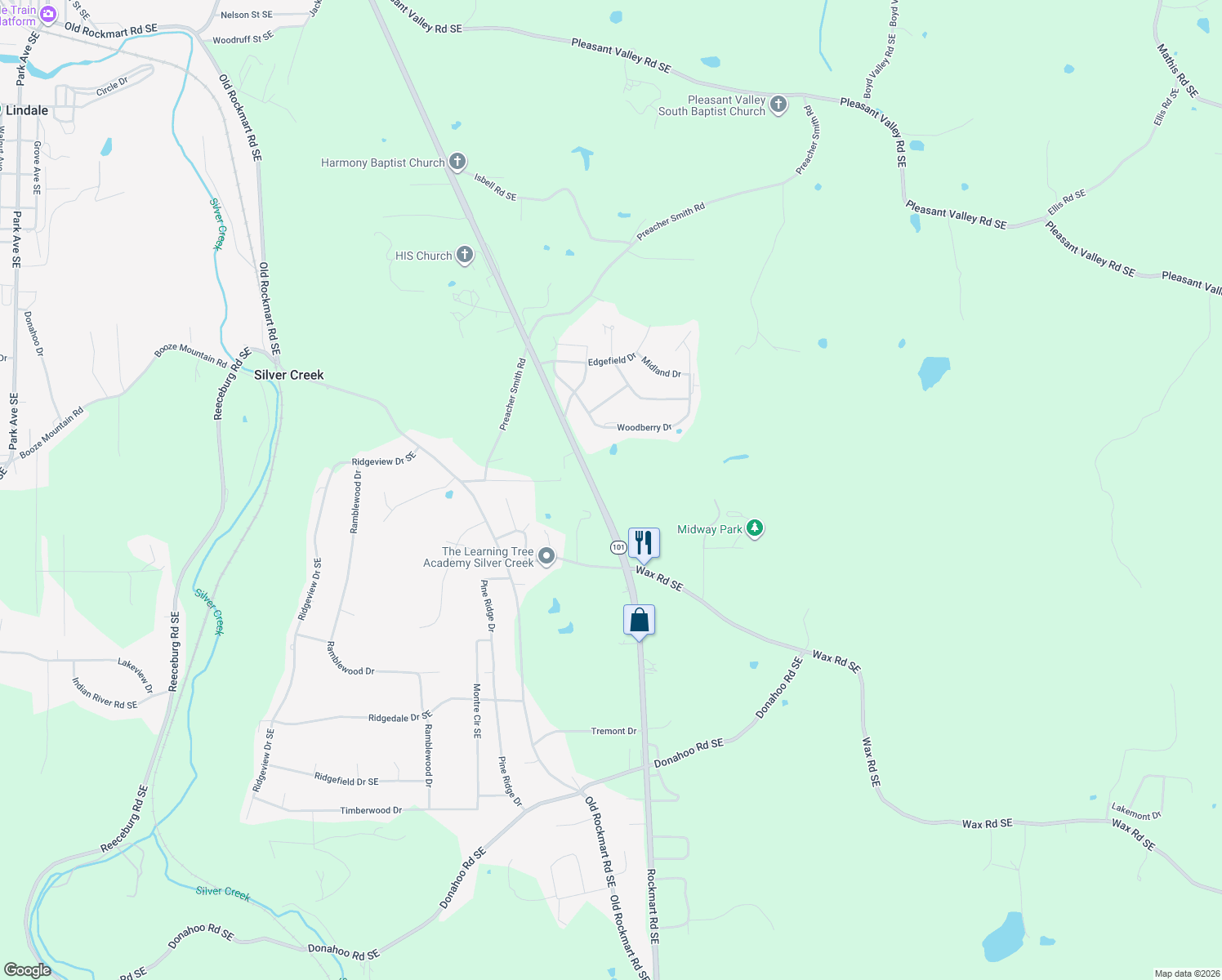 map of restaurants, bars, coffee shops, grocery stores, and more near 4353 Rockmart Rd SE in Silver Creek
