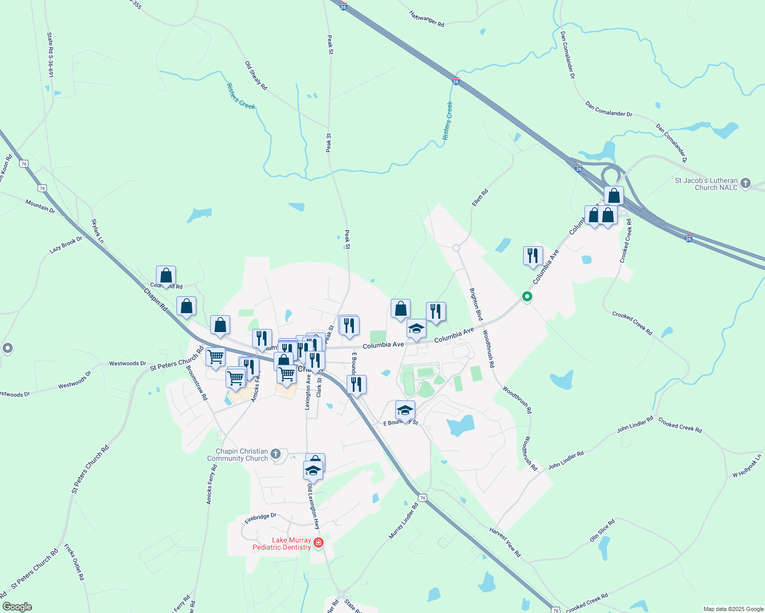 map of restaurants, bars, coffee shops, grocery stores, and more near 200 Roland Shealy Court in Chapin