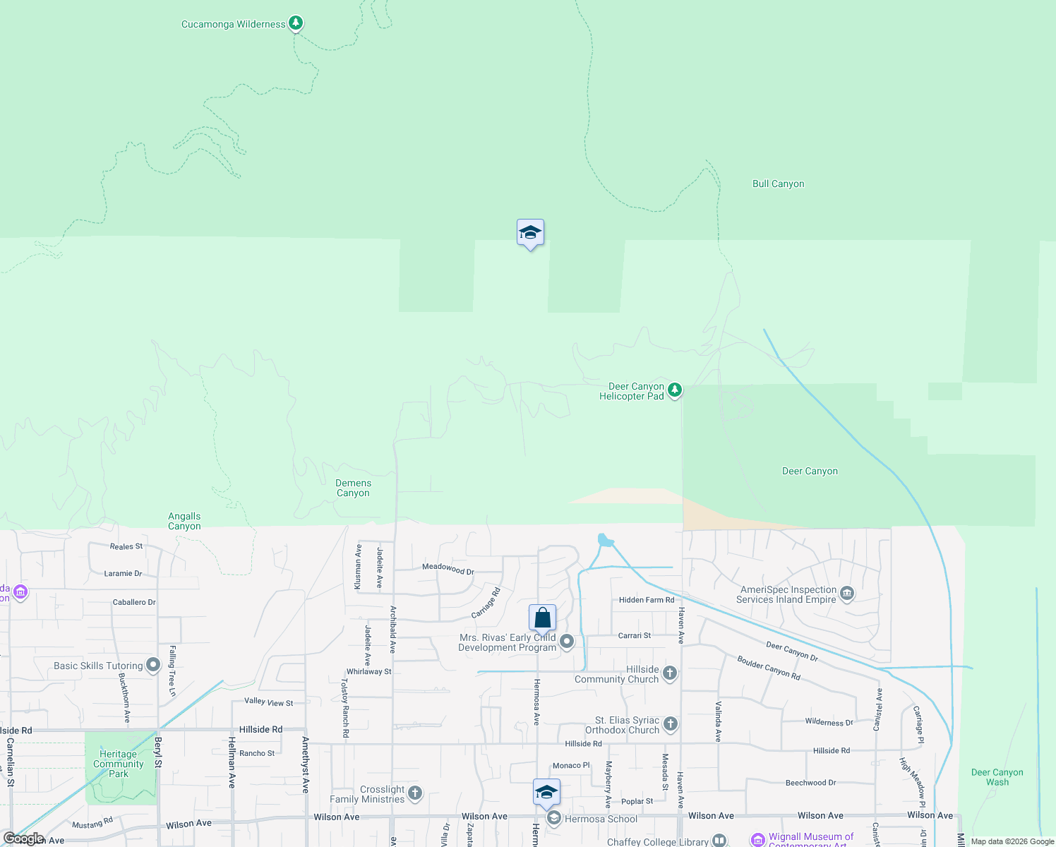 map of restaurants, bars, coffee shops, grocery stores, and more near 10049 Snowdrop Road in San Bernardino County