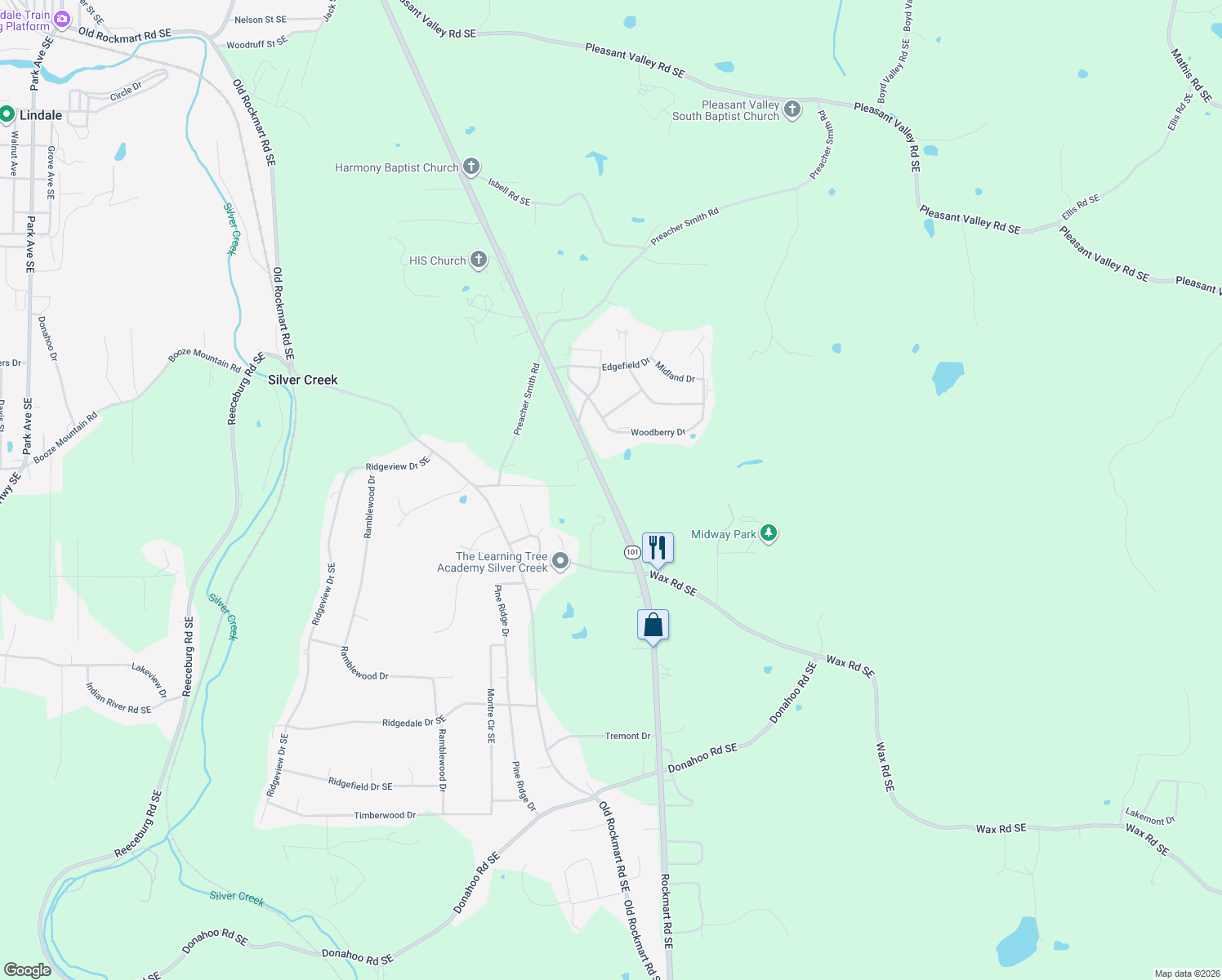 map of restaurants, bars, coffee shops, grocery stores, and more near 135 Wax Road Southeast in Silver Creek