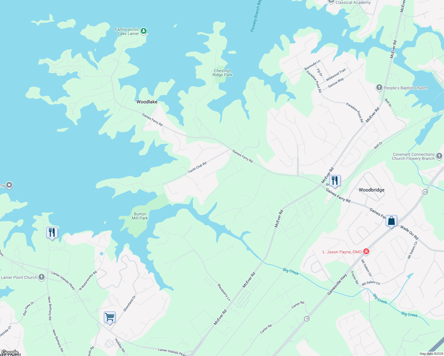 map of restaurants, bars, coffee shops, grocery stores, and more near 6544 Misty Harbor Court in Flowery Branch