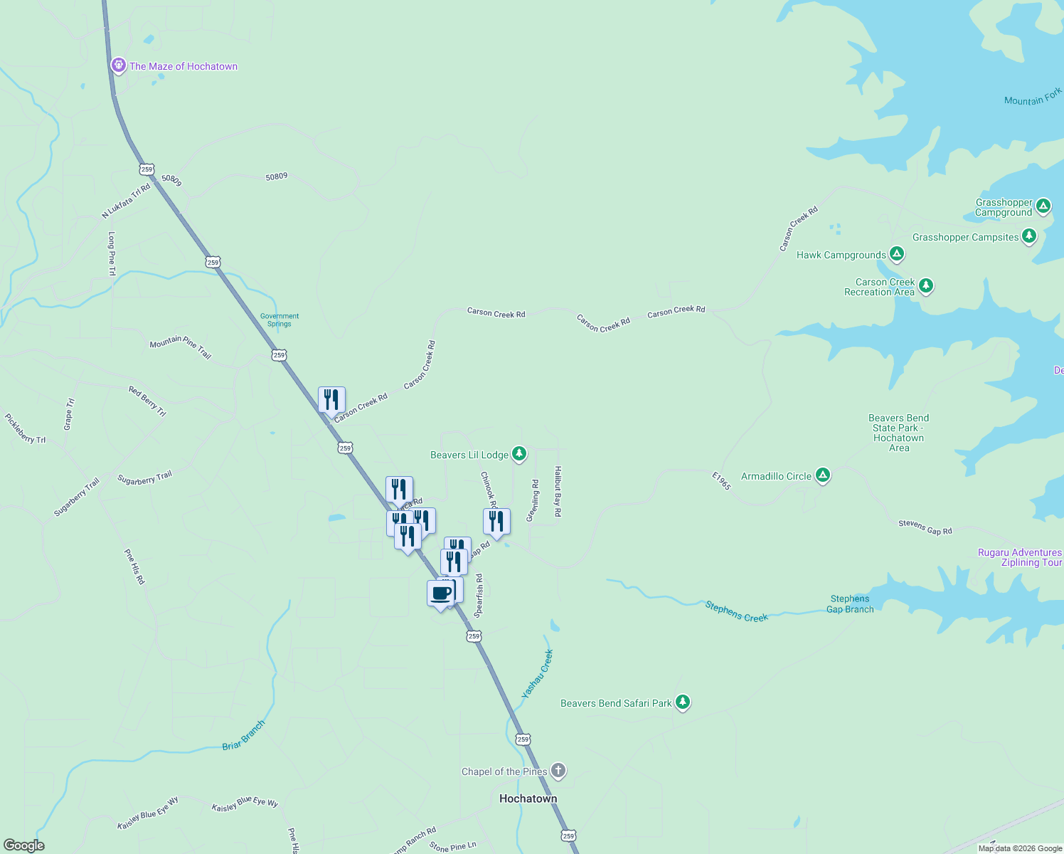 map of restaurants, bars, coffee shops, grocery stores, and more near Elm Street in Broken Bow