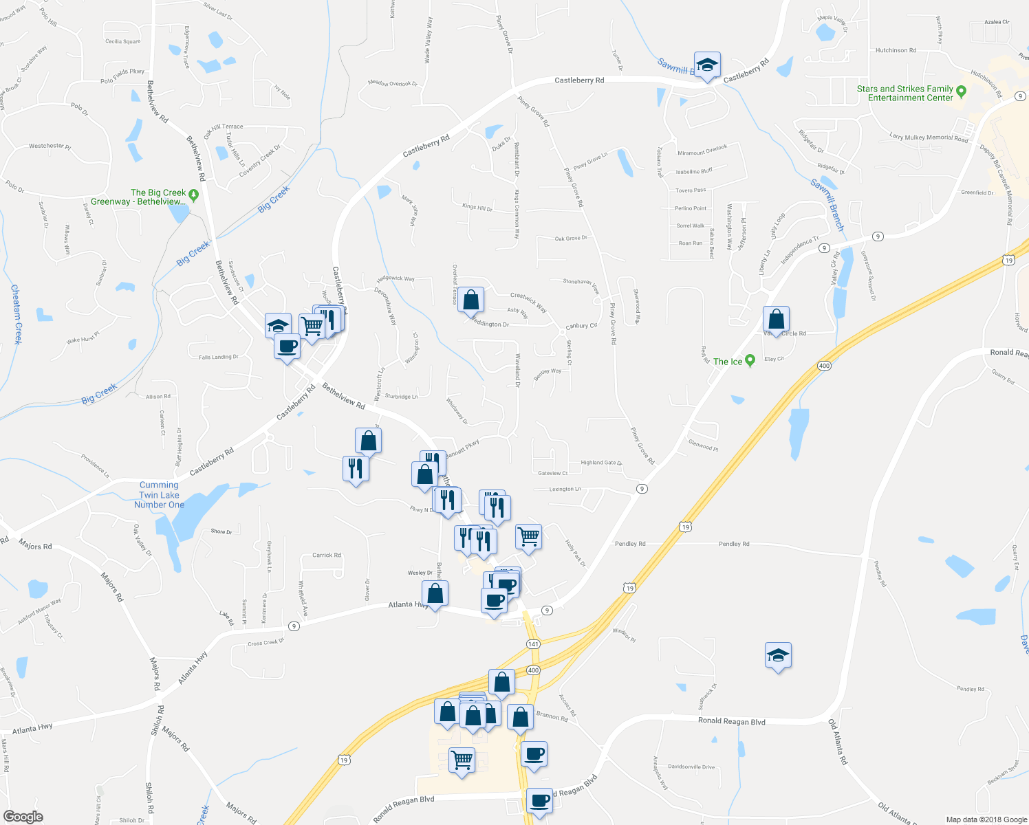 map of restaurants, bars, coffee shops, grocery stores, and more near 6265 Waveland Drive in Cumming