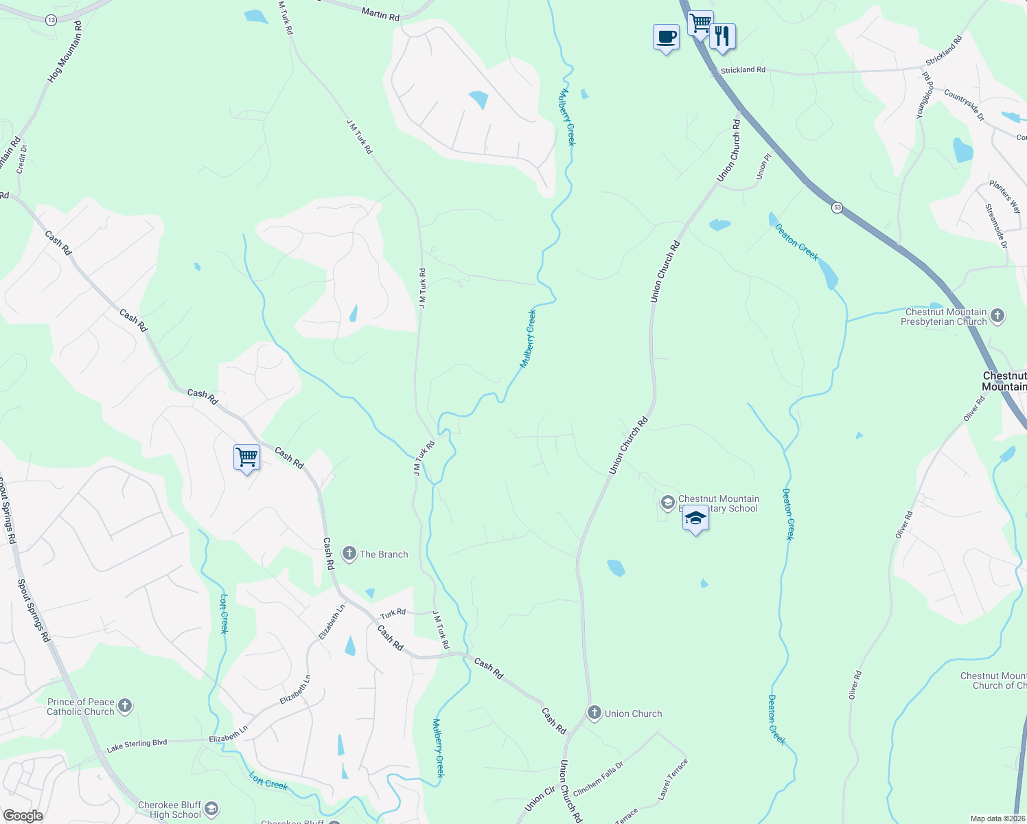 map of restaurants, bars, coffee shops, grocery stores, and more near 6057 Daffodil Drive in Flowery Branch