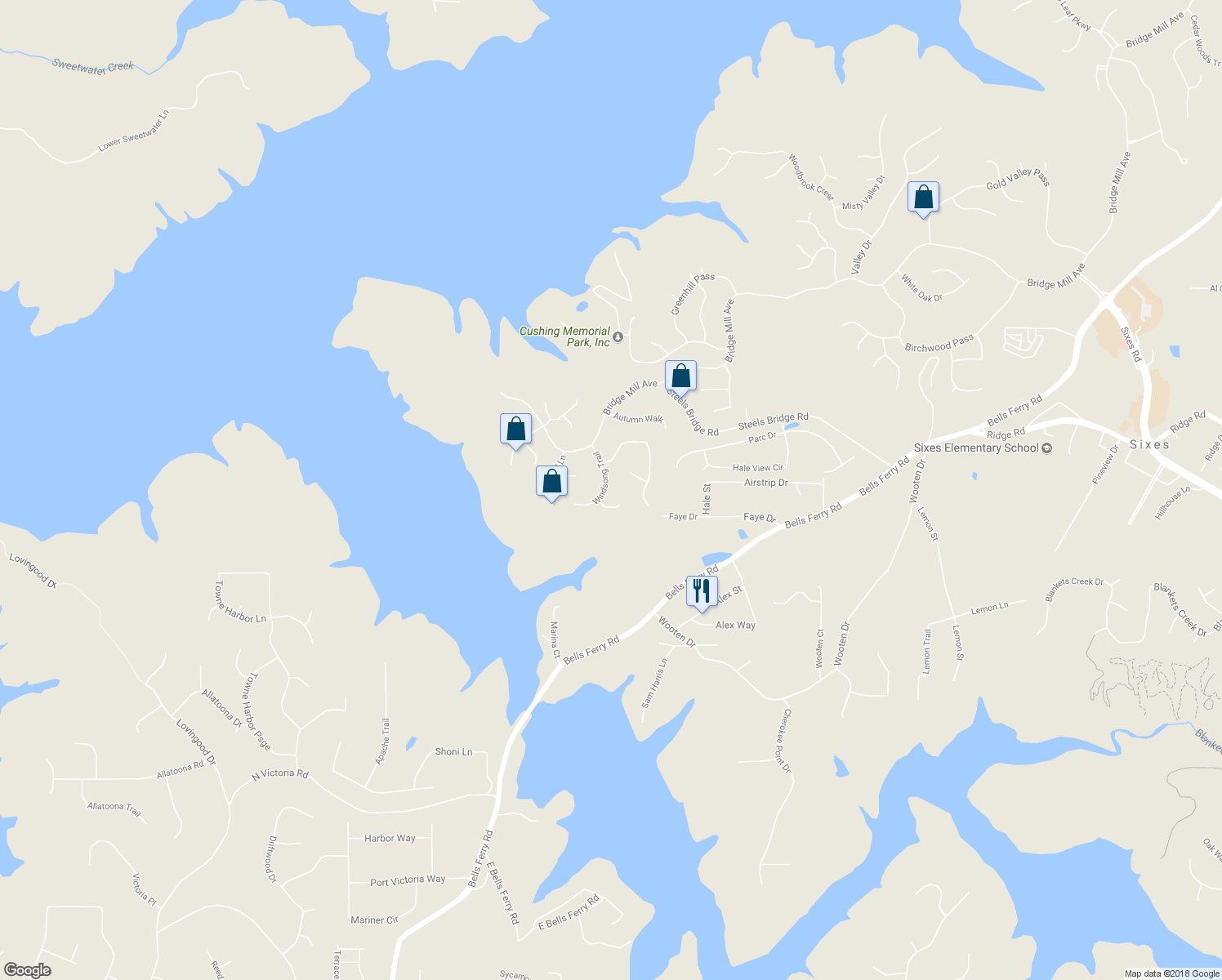 map of restaurants, bars, coffee shops, grocery stores, and more near 119 Windsong Trail in Canton
