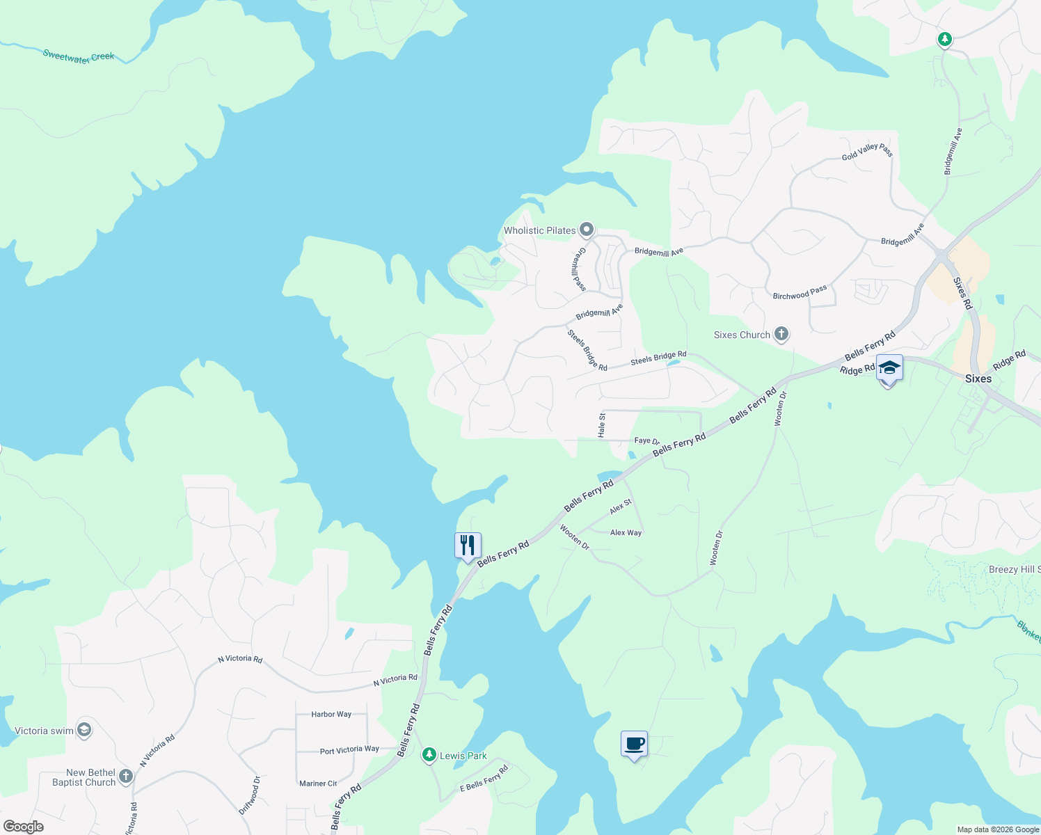 map of restaurants, bars, coffee shops, grocery stores, and more near 119 Windsong Trail in Canton