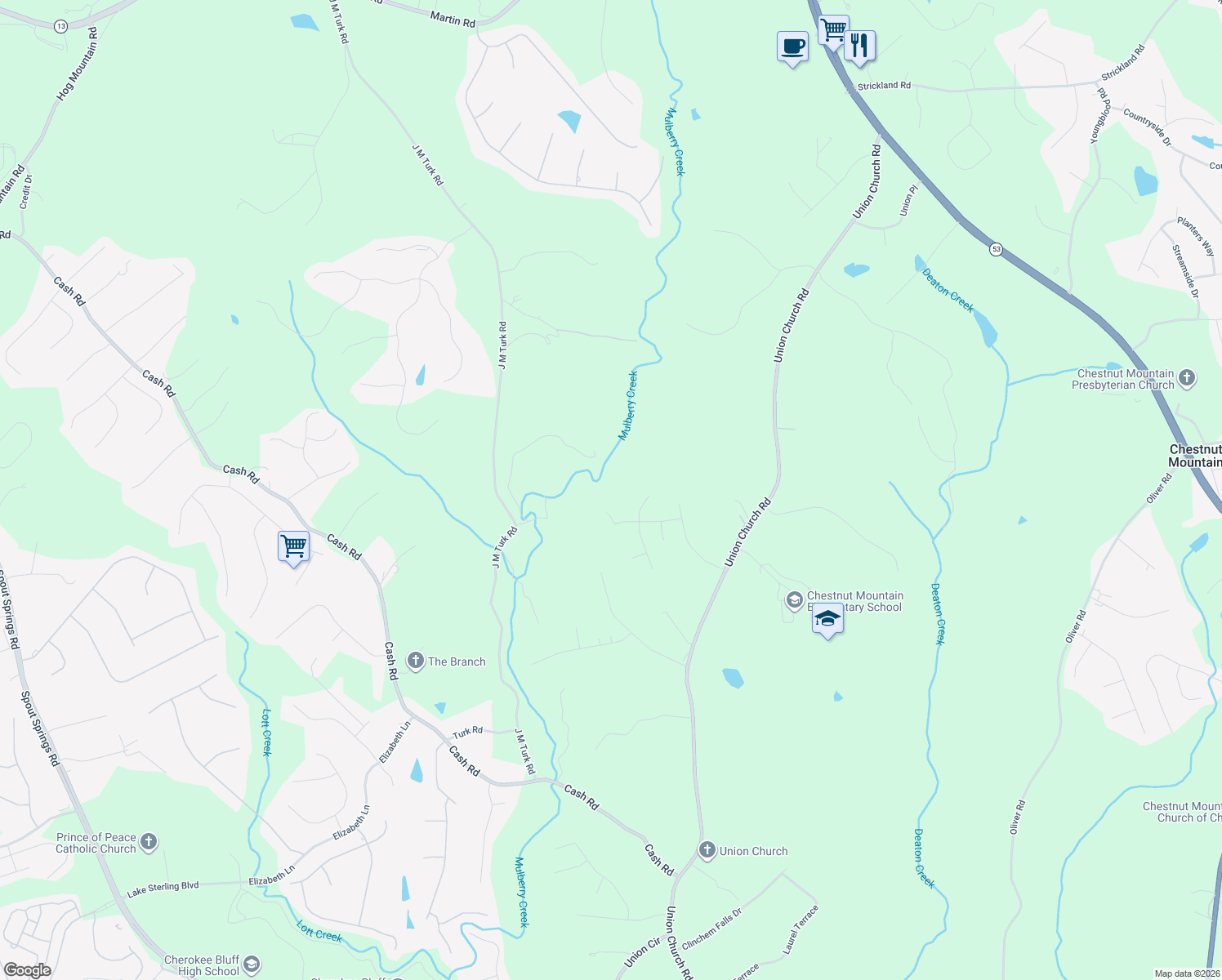 map of restaurants, bars, coffee shops, grocery stores, and more near 6057 Daffodil Drive in Flowery Branch